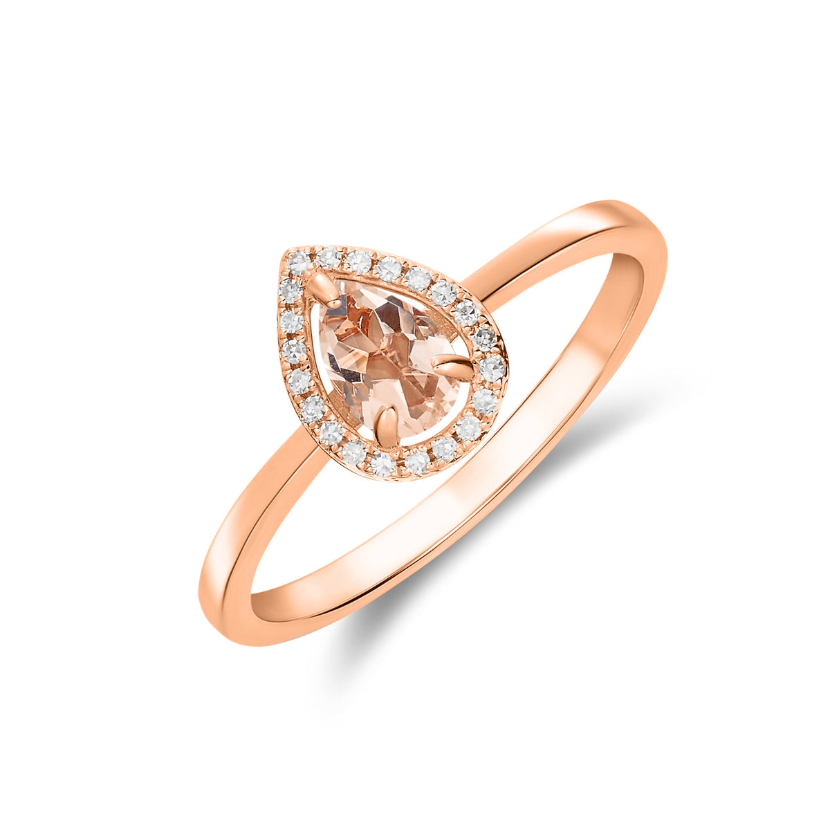 9ct Rose Gold Pear Shaped Natural Morganite and Diamond Halo Claw Set Cluster Ring — 6x4mm