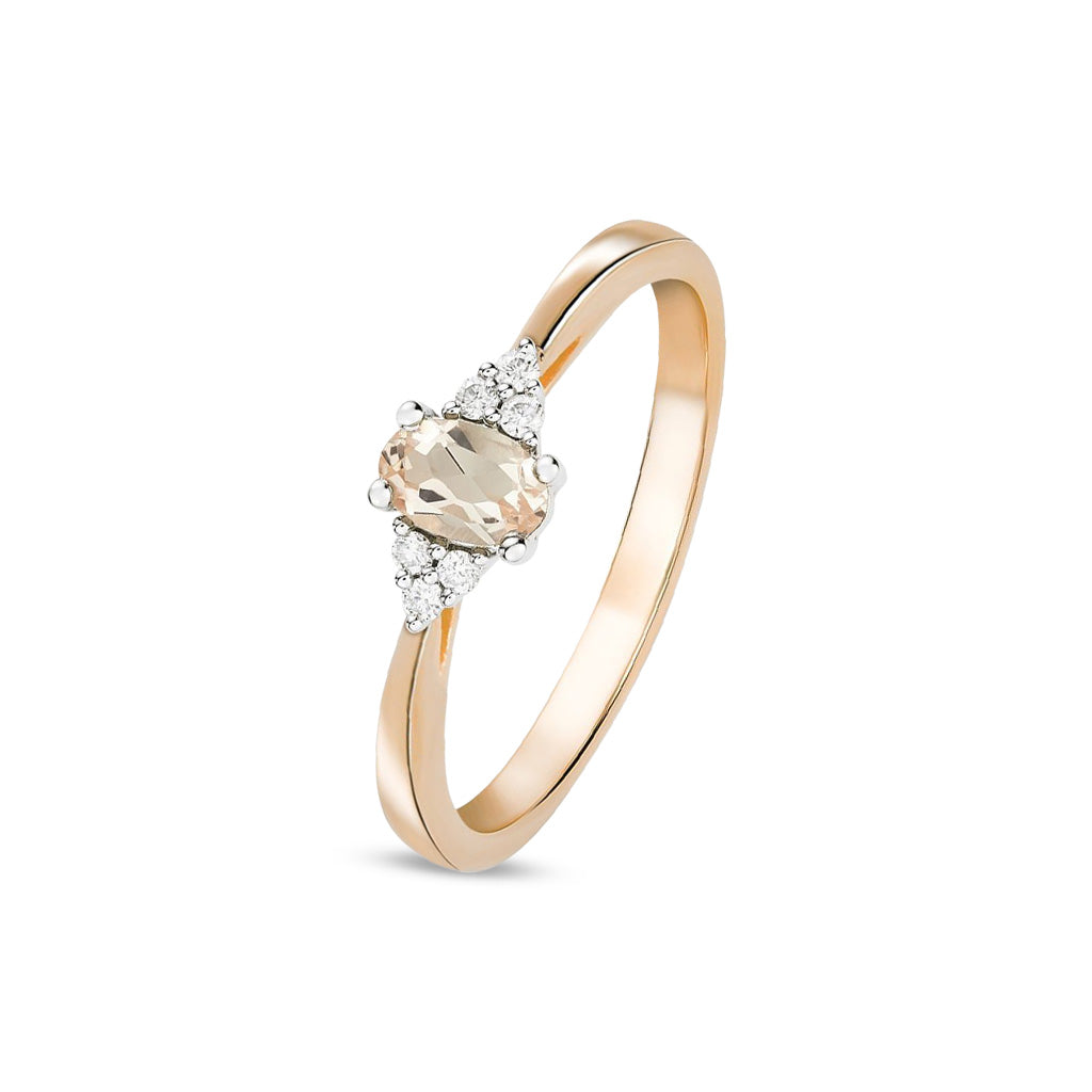 9ct Rose Gold Oval Natural Morganite and Round Diamond Trefoil Shoulder Ring — 6x4mm