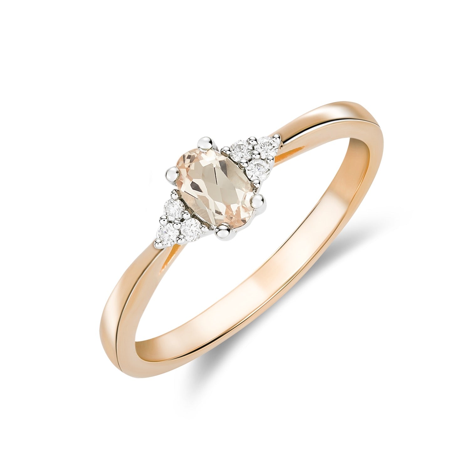 9ct Rose Gold Oval Morganite & Round Diamond Trefoil Shoulder Ring — 6x4mm