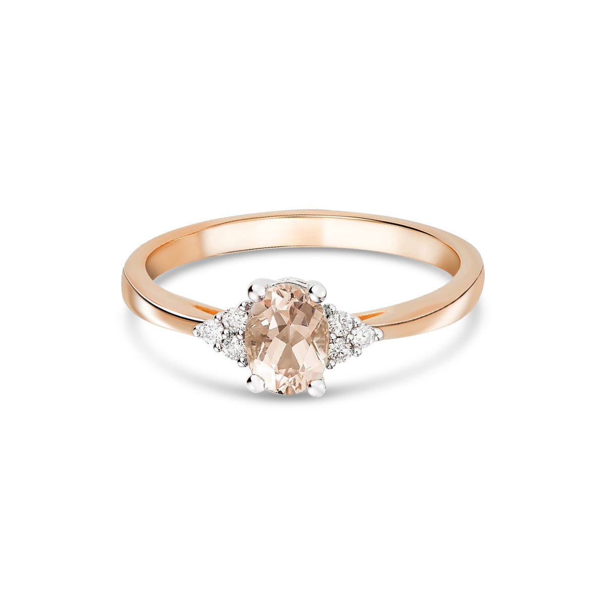 9ct Rose Gold Oval Natural Morganite and Diamond Trefoil Ring — 7x5mm