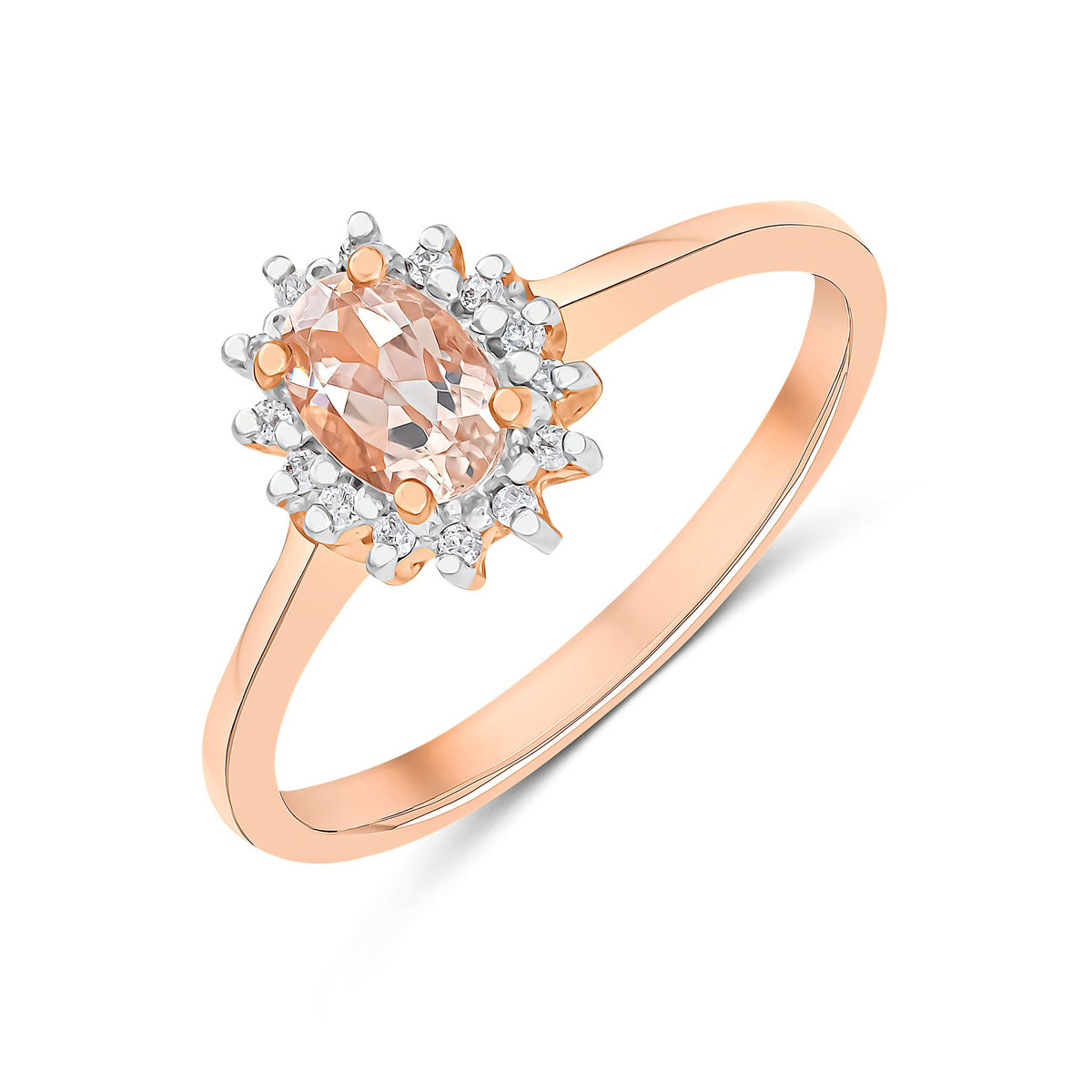 9ct Rose Gold Oval Natural Morganite and Diamond Claw Set Cluster Ring — 6x4mm