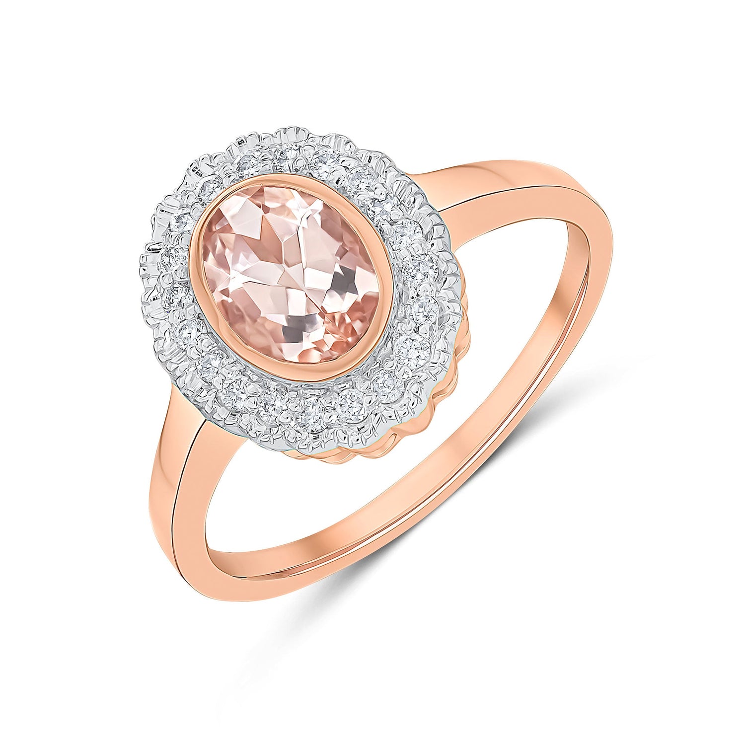 9ct Rose Gold Rubover Oval Natural Morganite and Millegrain Round Diamond Cluster Ring — 7x5mm