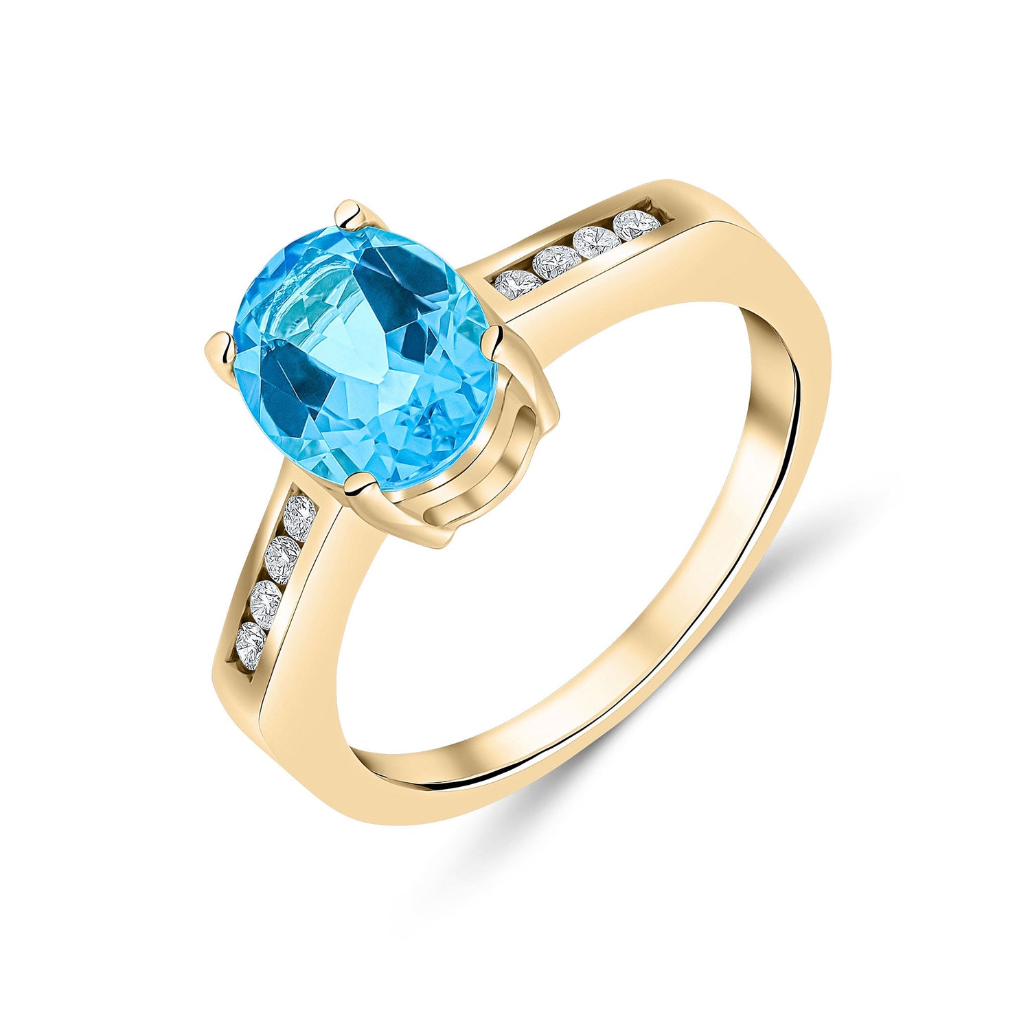 9CT Yellow Gold Oval Swiss Blue Topaz and Diamond Ring — 9x7mm