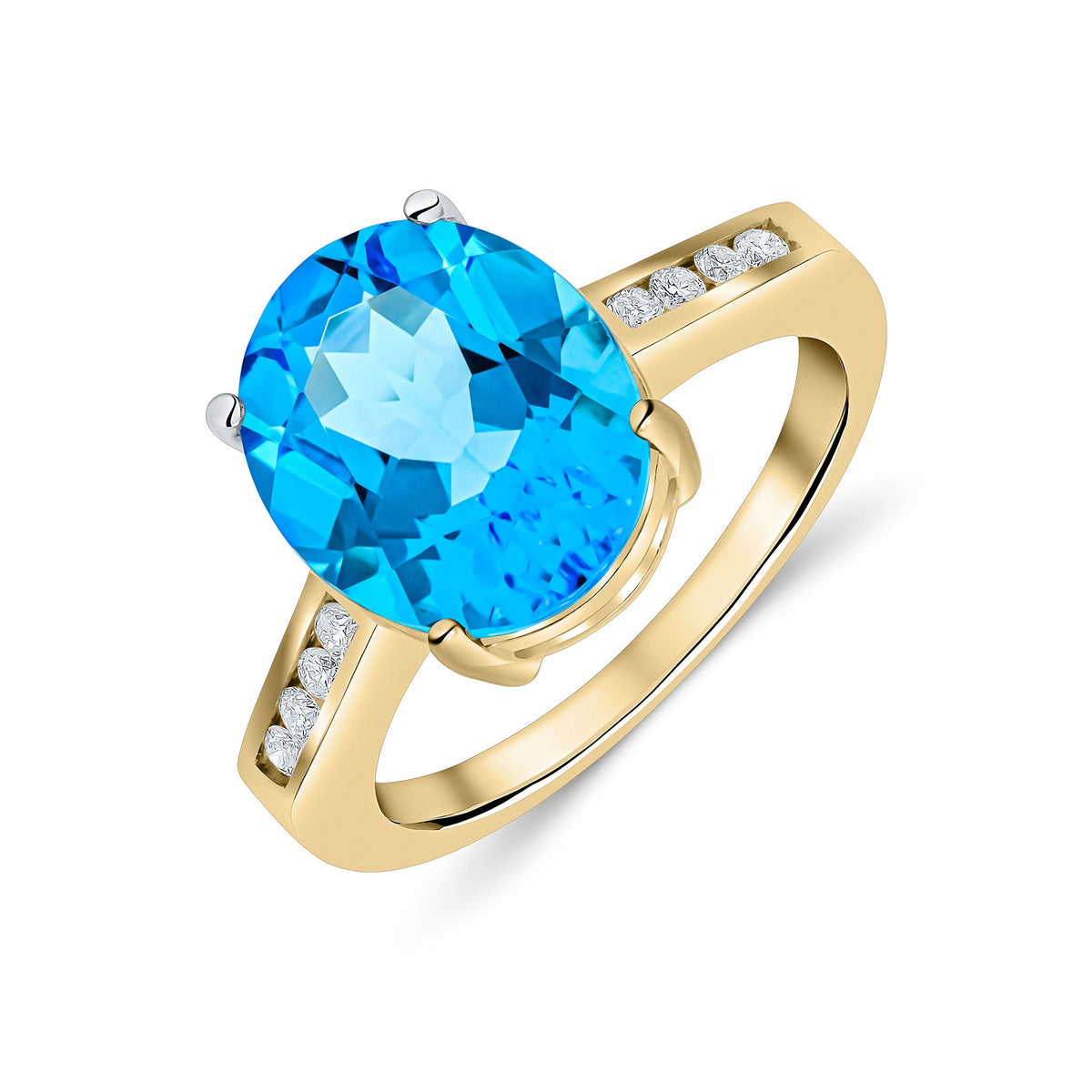 9ct Yellow Gold Oval Natural Swiss Blue Topaz Claw Set Ring with Channel Set Diamond Shoulders — 12x10mm