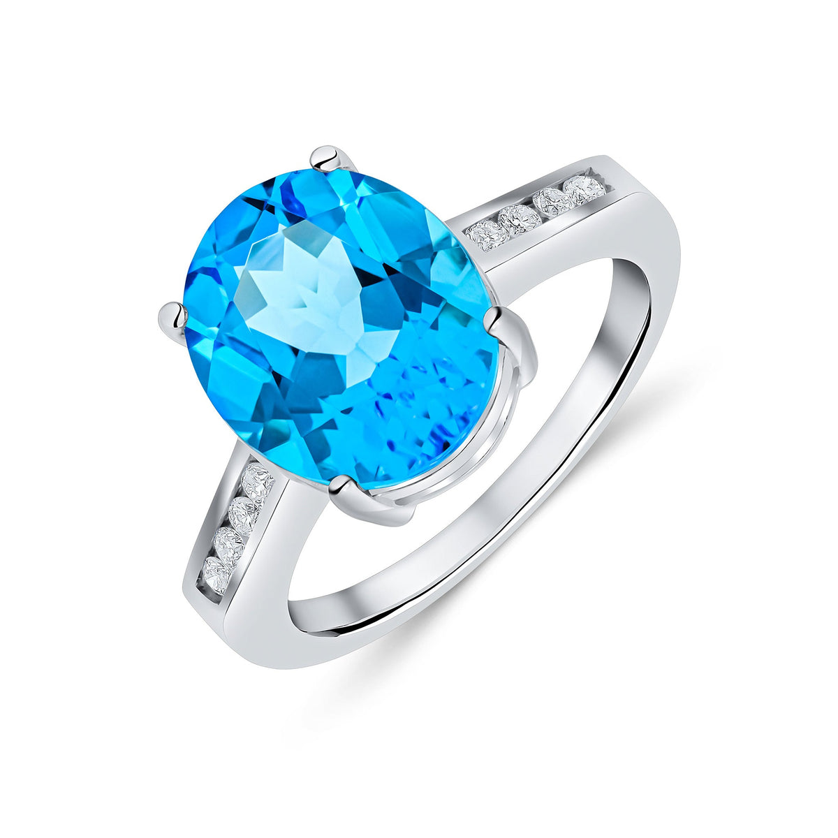 9ct White Gold Oval Natural Swiss Blue Topaz Claw Set Ring with Channel Set Diamond Shoulders — 12x10mm