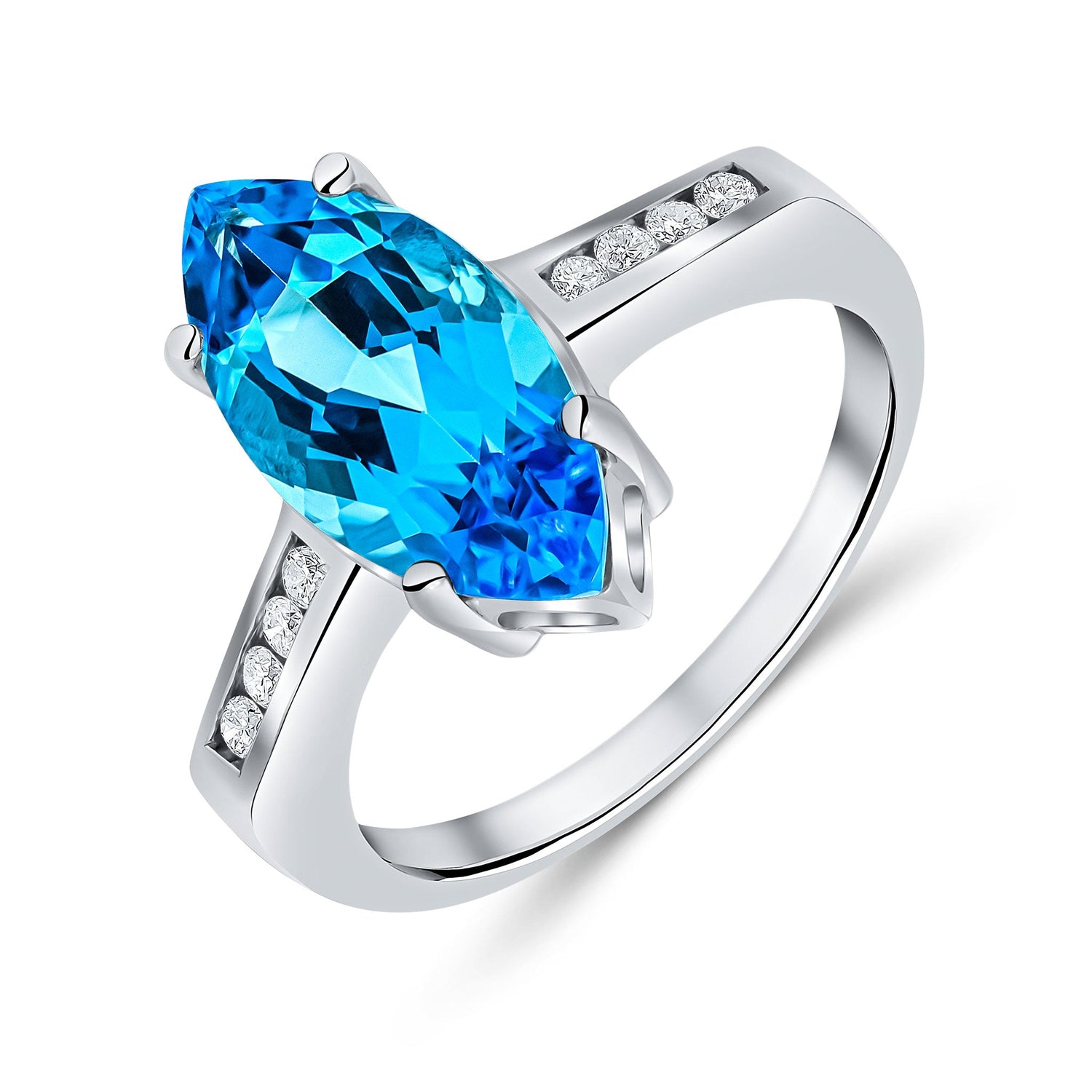 9ct White Gold Natural Marquise Swiss Blue Topaz and Diamond Ring — 15x7mm
