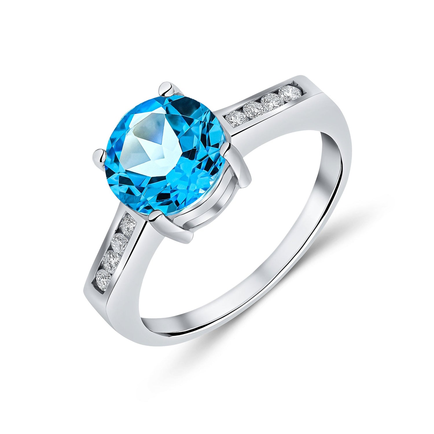 9ct White Gold Round Natural Swiss Blue Topaz and Diamond Ring — 8mm