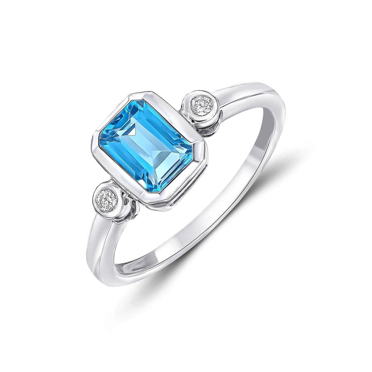 9ct White Gold Octagonal Swiss Blue Topaz and Diamond Three Stone Ring — 7x5mm