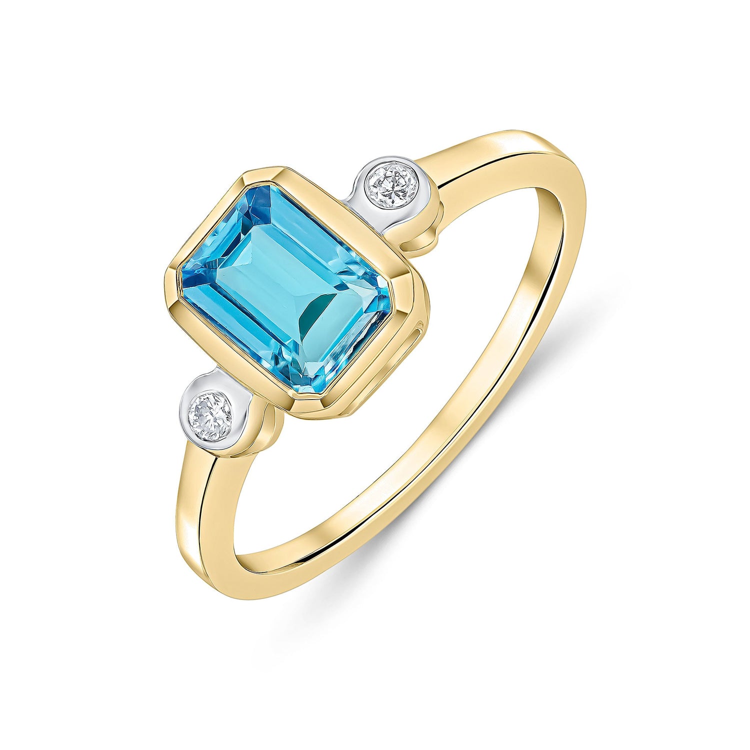 9ct Yellow Gold Octagonal Emerald Cut Natural Swiss Blue and Diamond Three Stone Ring