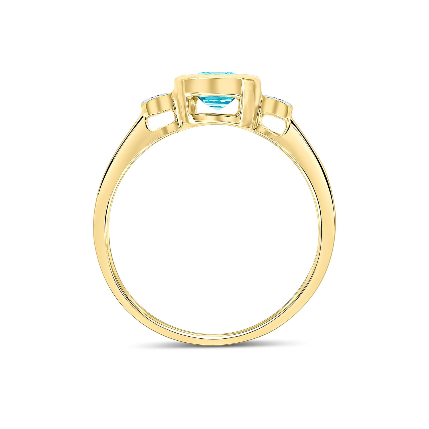 9ct Yellow Gold Octagonal Emerald Cut Natural Swiss Blue and Diamond Three Stone Ring