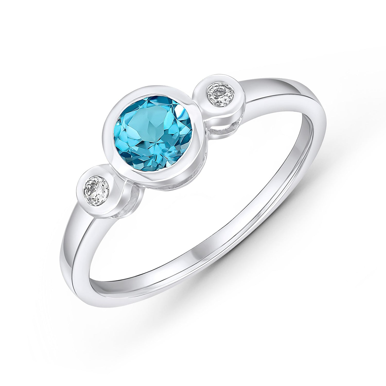 9ct White Gold Round Swiss Blue Topaz and Diamond Three Stone Ring — 5mm
