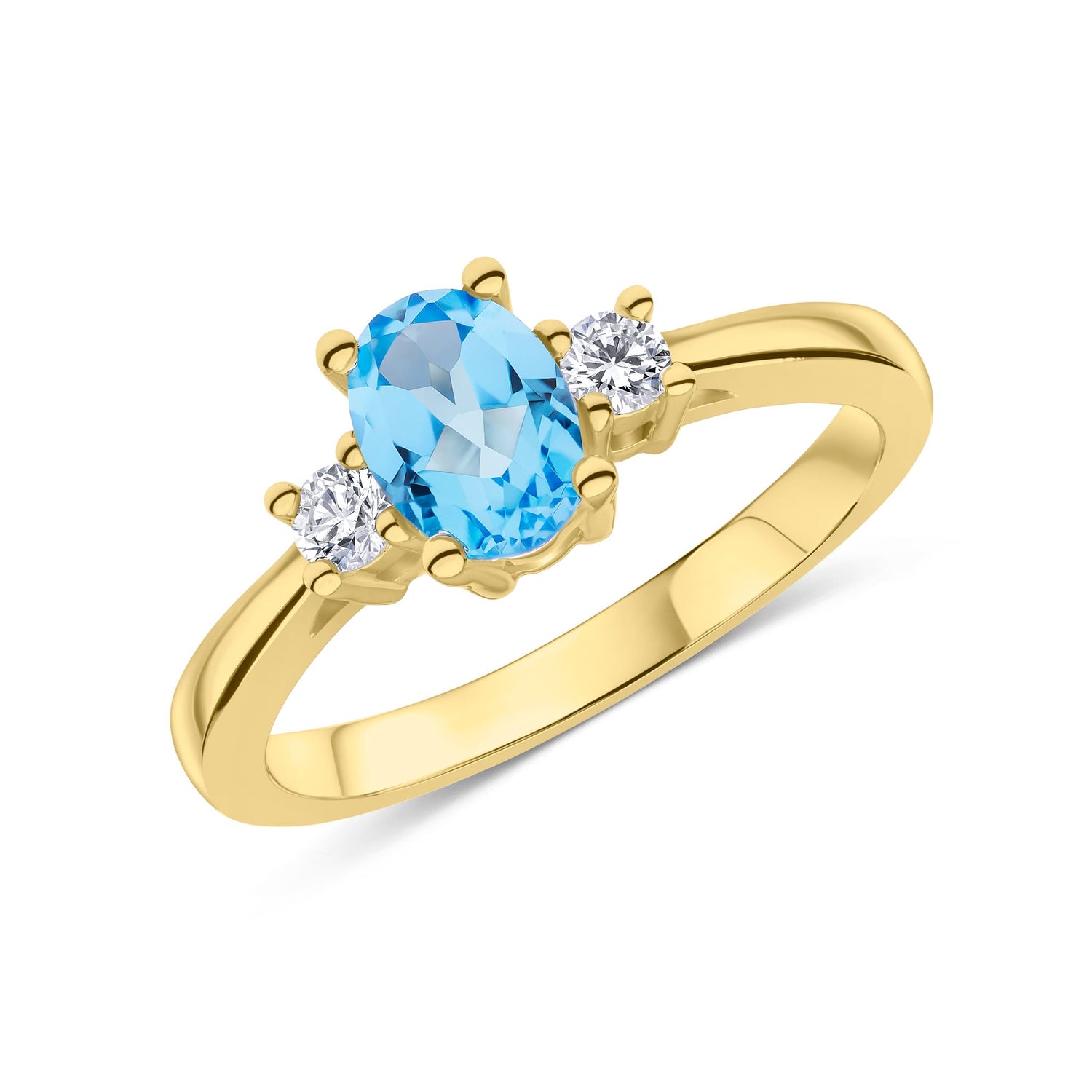 9ct Yellow Gold Oval Swiss Blue Topaz and Round Diamond Claw Set Three Stone Ring — 7x5mm