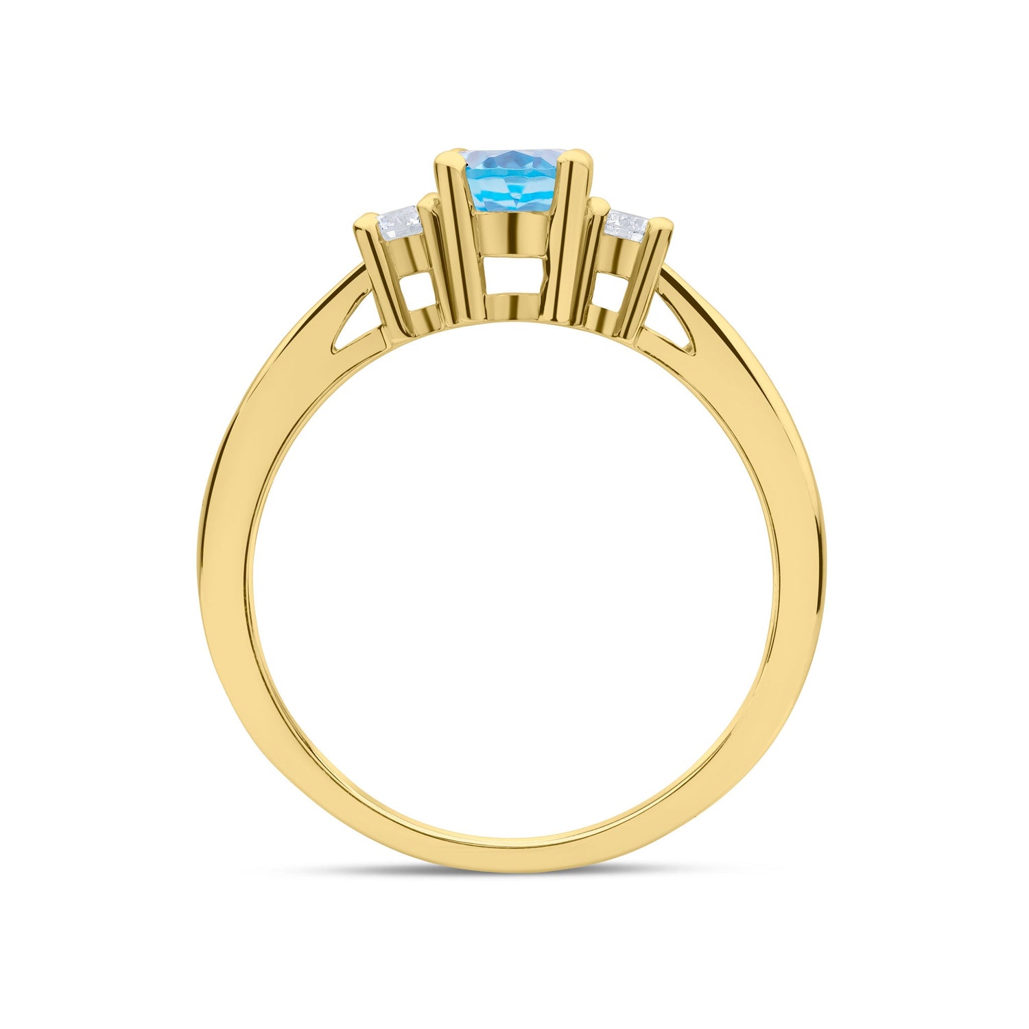 9ct Yellow Gold Oval Swiss Blue Topaz and Round Diamond Claw Set Three Stone Ring — 7x5mm