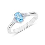 9ct White Gold Oval Natural Swiss Blue Topaz & Natural Diamond Trefoil Ring — 6×4mm
