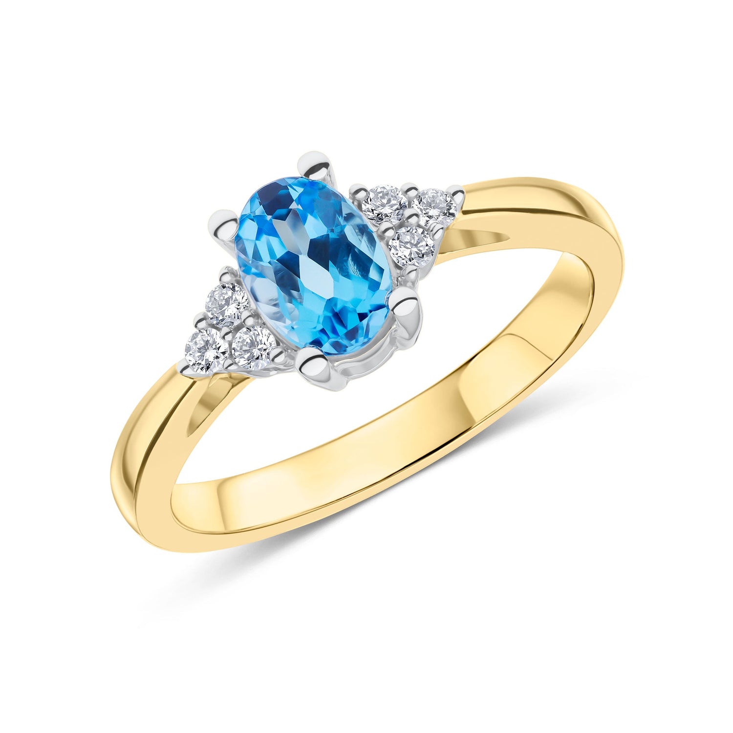 9ct Yellow & White Gold Oval Swiss Blue Topaz & Diamond Trefoil Shoulder Ring — 7x5mm