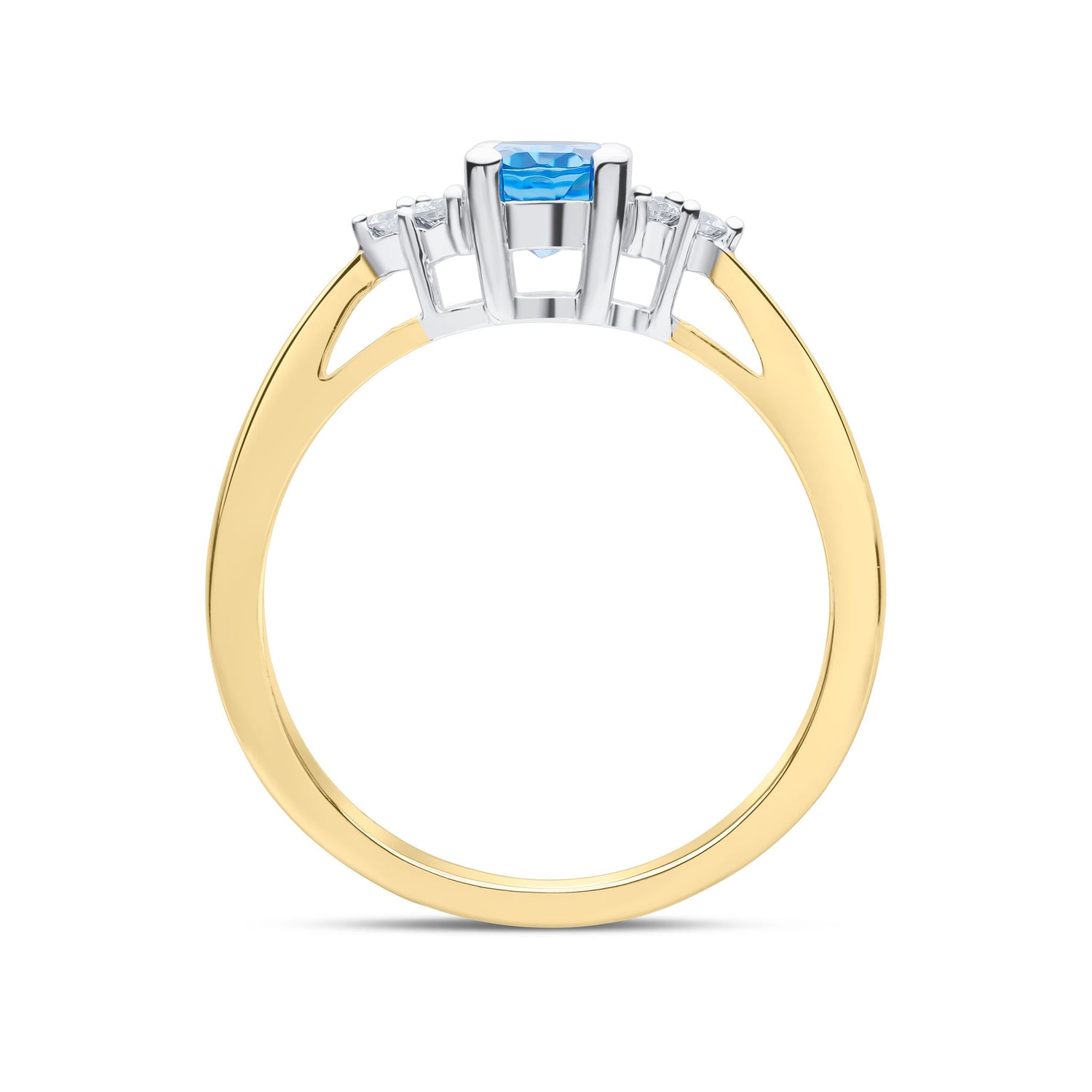 9ct Yellow & White Gold Oval Swiss Blue Topaz & Diamond Trefoil Shoulder Ring — 7x5mm