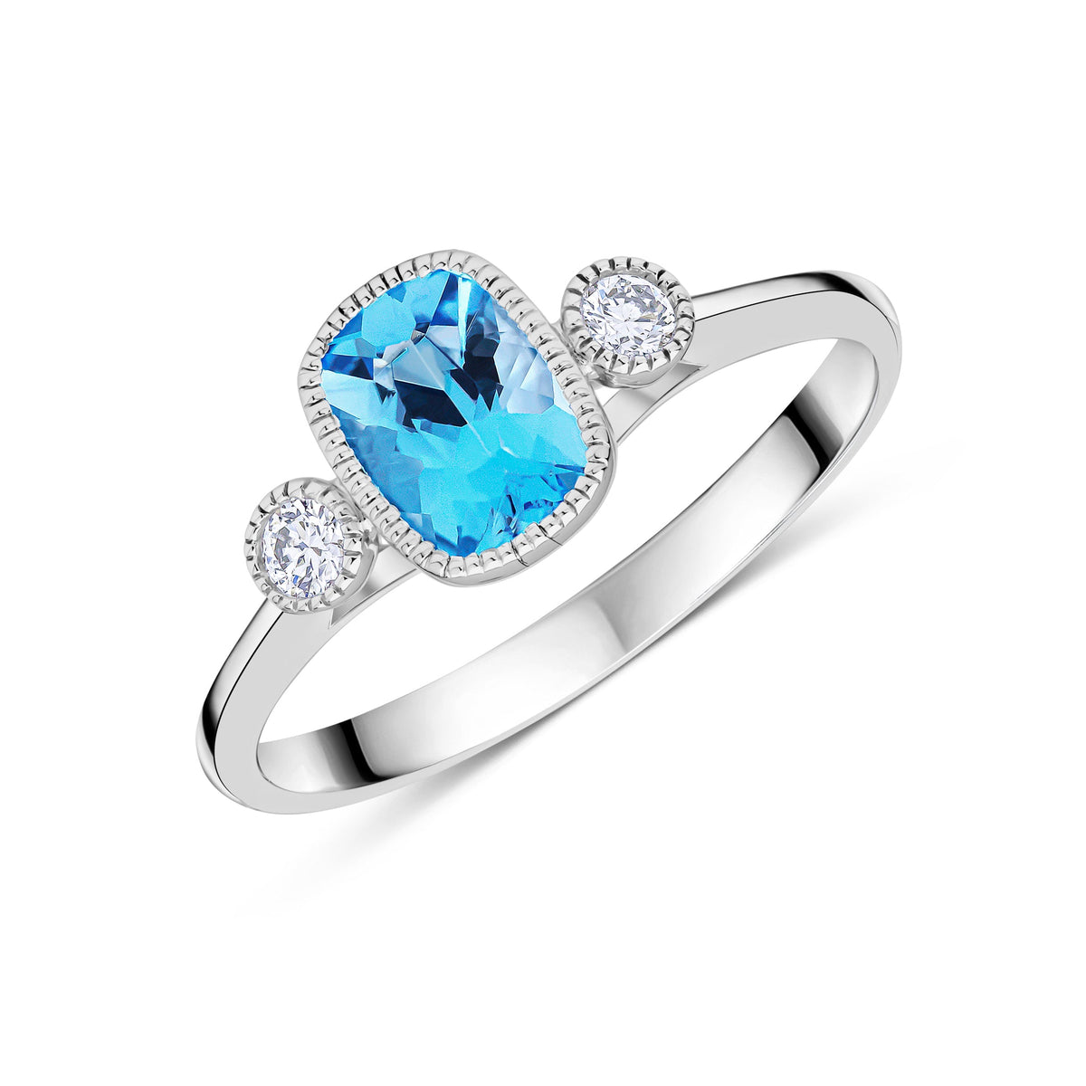 9ct White Gold Octagonal Cushion Cut Natural Swiss Blue Topaz and Round Diamond Millegrain Set Three Stone Ring — 7x5mm