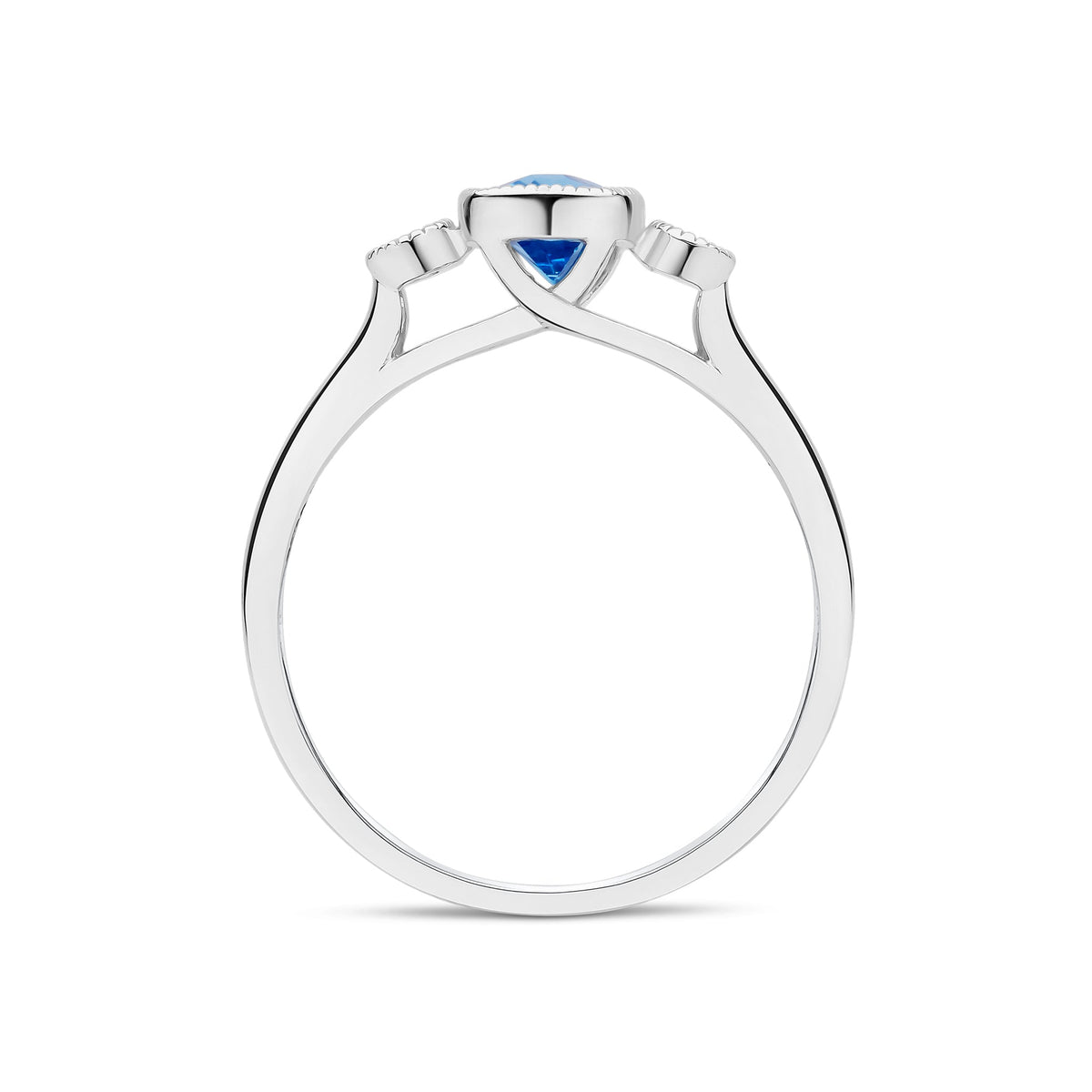 9ct White Gold Octagonal Cushion Cut Natural Swiss Blue Topaz and Round Diamond Millegrain Set Three Stone Ring — 7x5mm