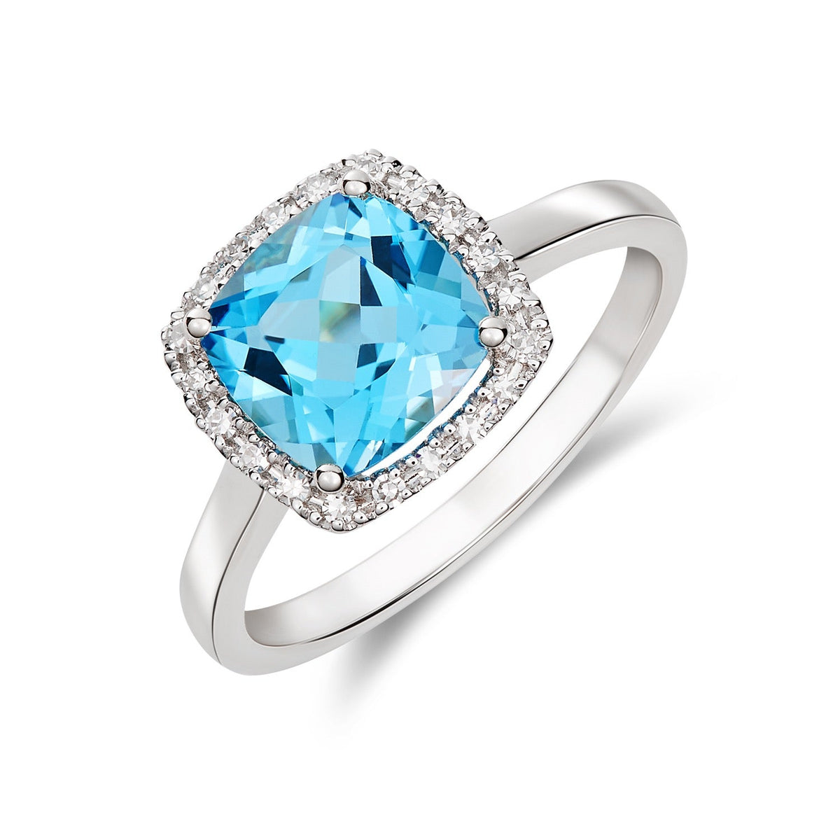 9ct White Gold Cushion Natural Swiss Blue Topaz & Natural Diamond Cluster Ring — 8mm