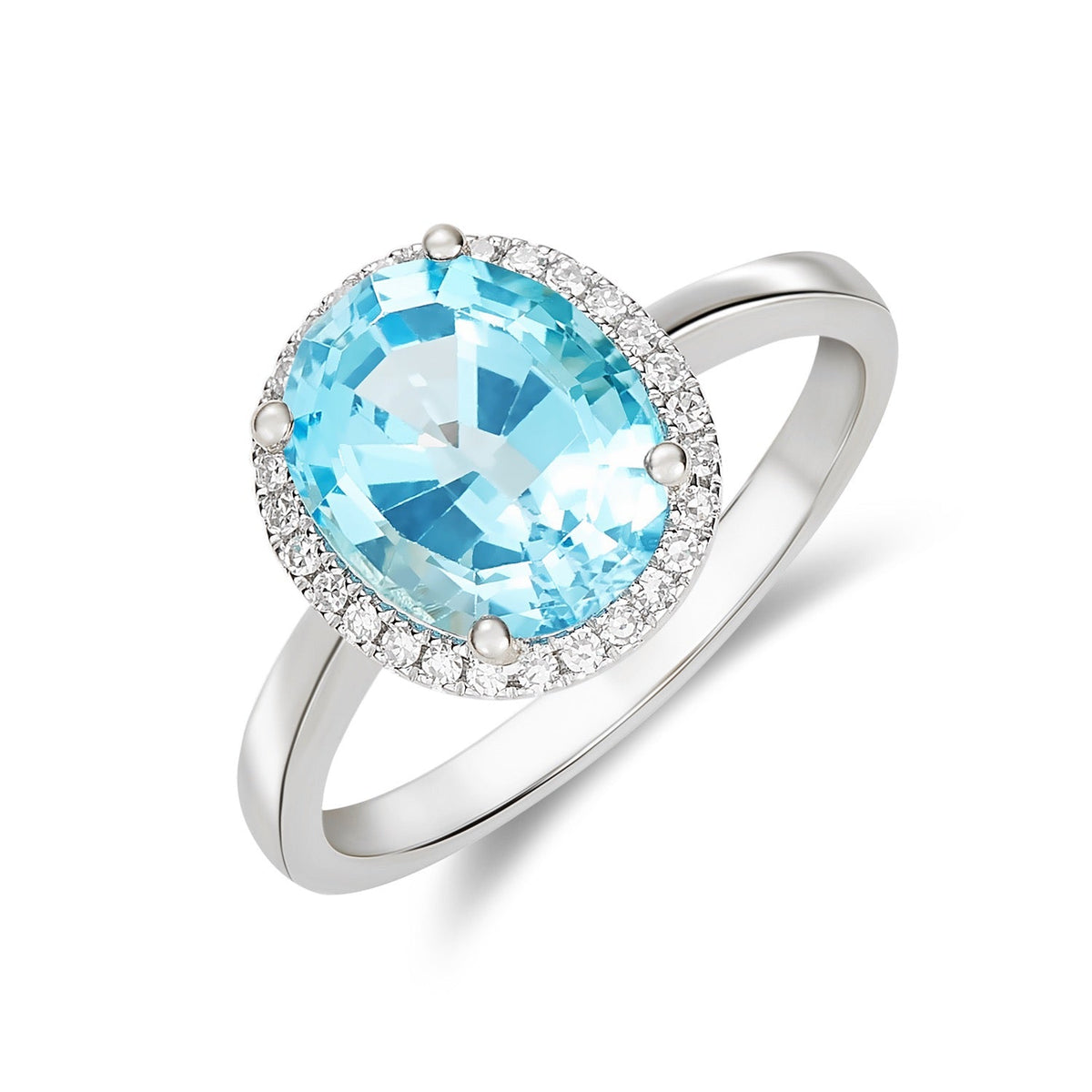 9ct White Gold Oval Natural Swiss Blue Topaz and Diamond Cluster Ring — 10x8mm