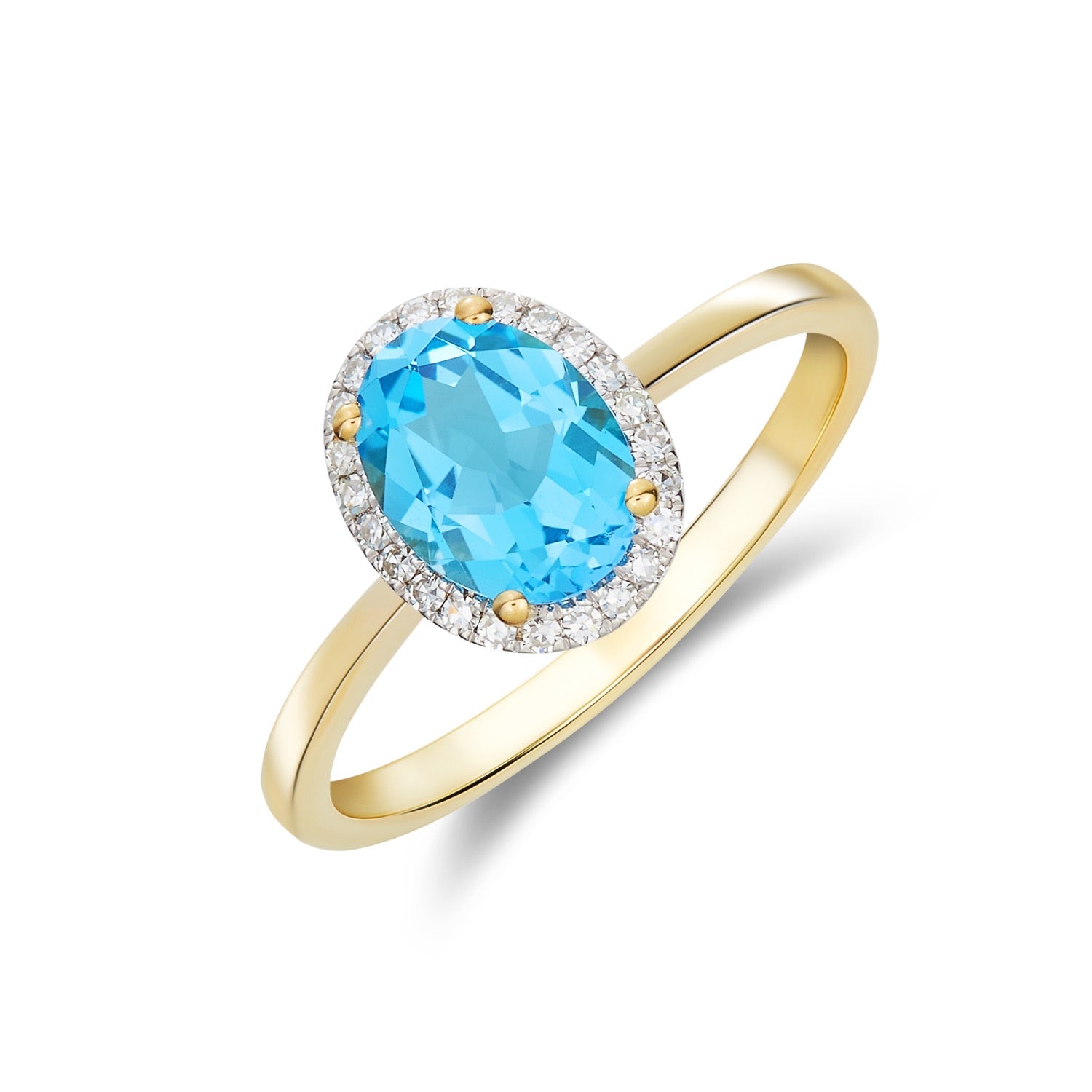 9ct Yellow Gold Oval Natural Swiss Blue Topaz and Diamond Cluster Ring — 8x6mm