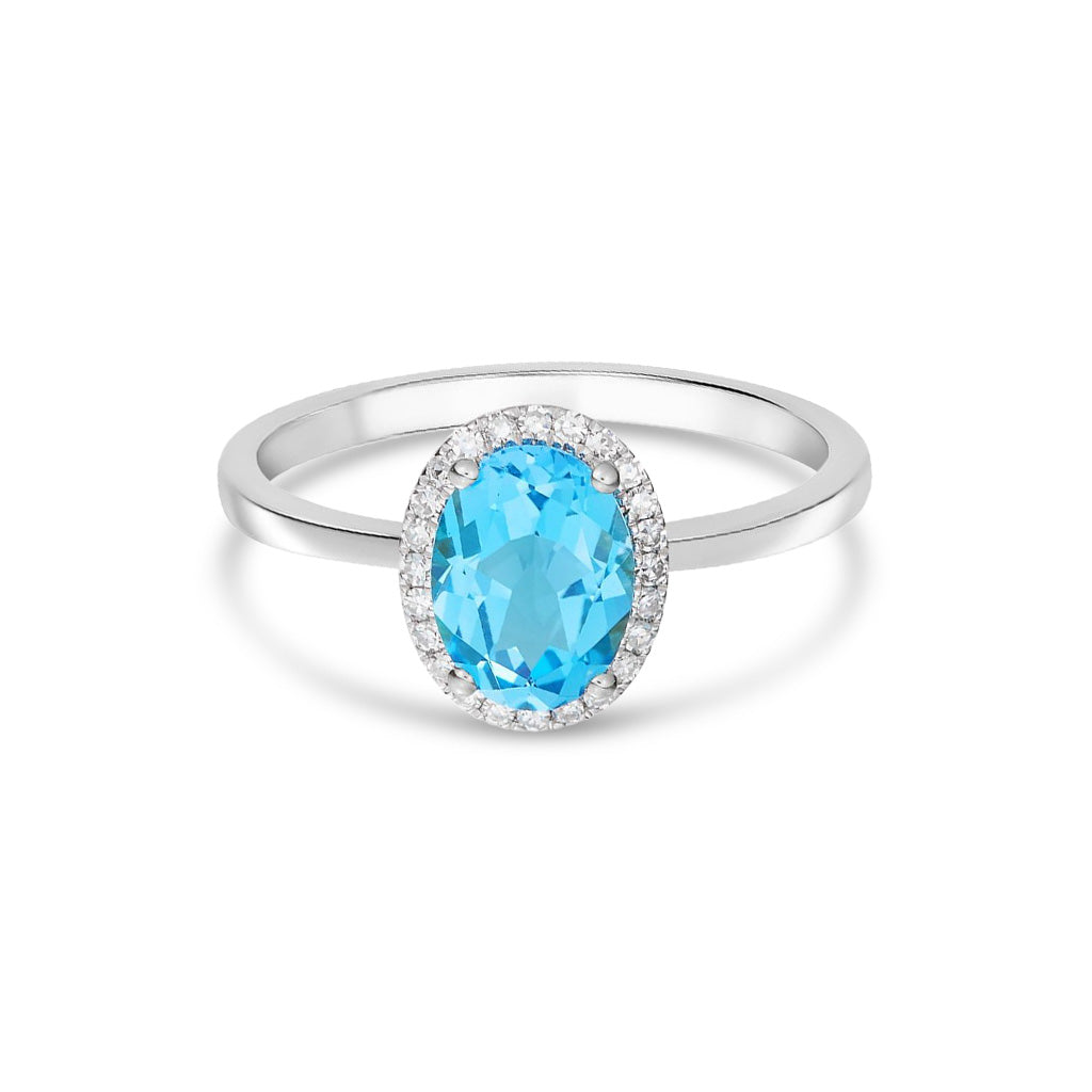 9ct White Gold Oval Natural Swiss Blue Topaz and Diamond Claw Set Cluster Ring — 8x6mm