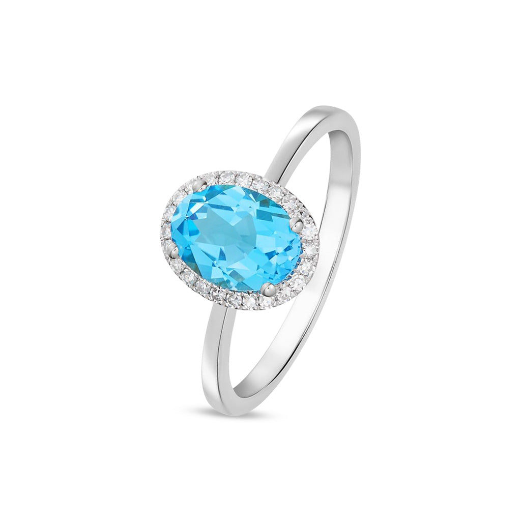 9ct White Gold Oval Natural Swiss Blue Topaz and Diamond Claw Set Cluster Ring — 8x6mm