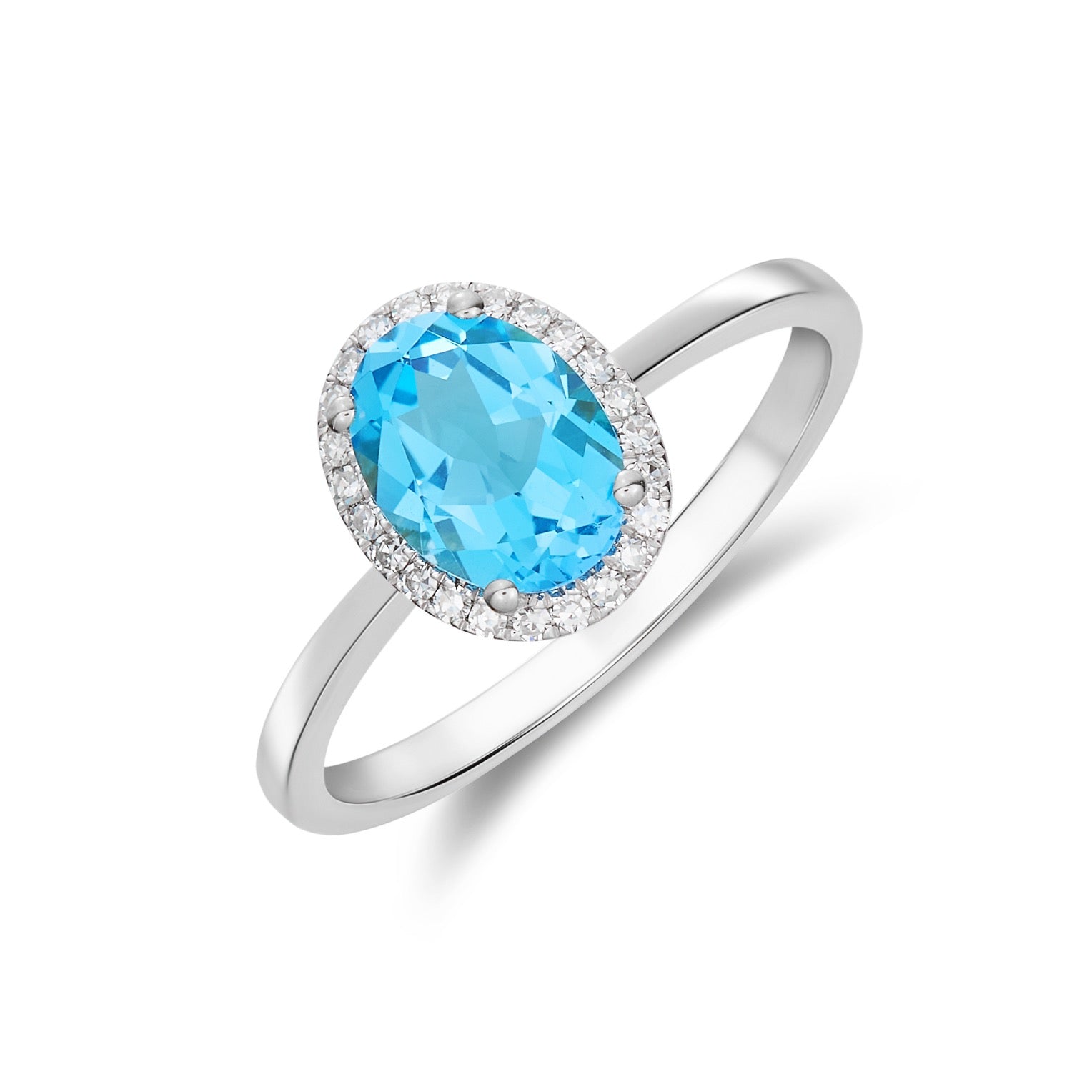 9ct White Gold Oval Swiss Blue Topaz & Diamond Claw Set Cluster Ring — 8x6mm