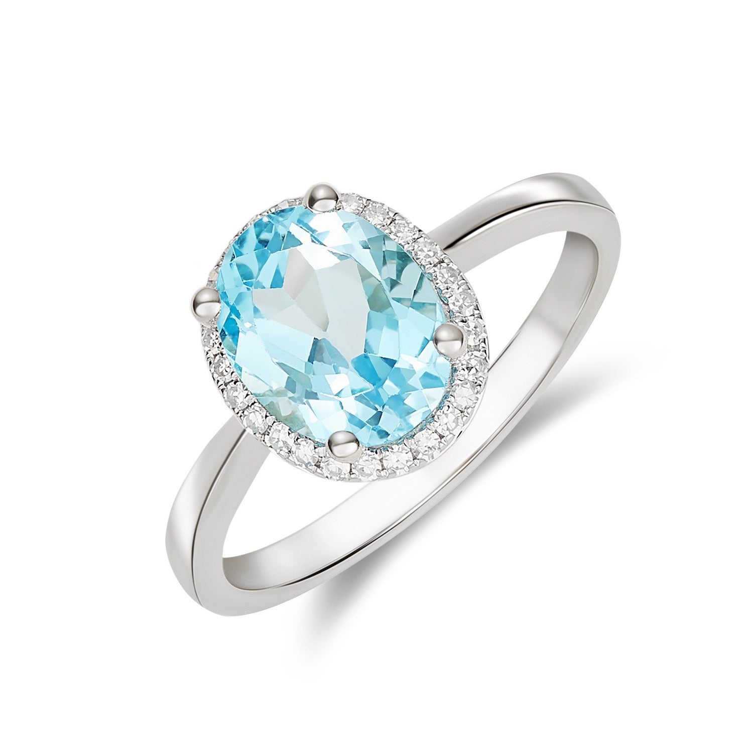9CT White Gold Oval Swiss Blue Topaz and Diamond Cluster Ring — 9x7mm