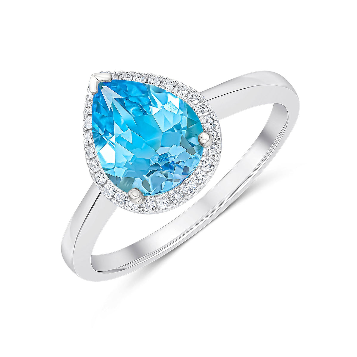 9ct White Gold Pear Shaped Natural Swiss Blue Topaz and Diamond Cluster Ring — 9x7mm