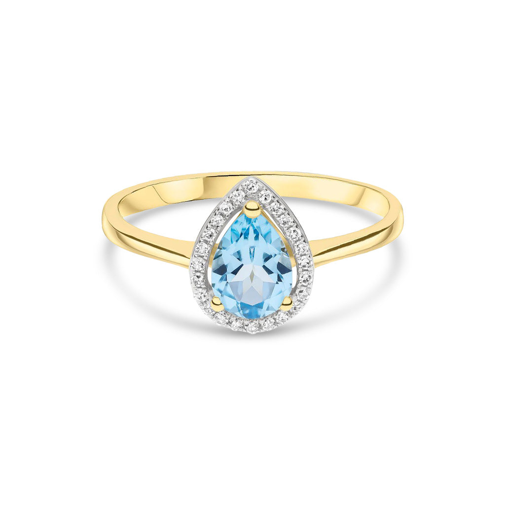 9ct Yellow Gold Pear Shaped Natural Swiss Blue Topaz and Round Diamond Halo Claw Set Cluster Ring — 7x5mm