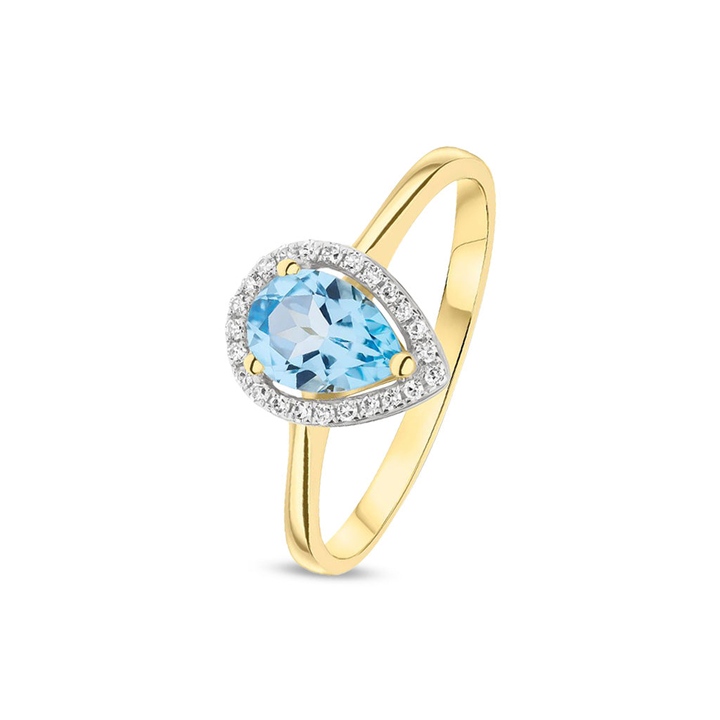 9ct Yellow Gold Pear Shaped Natural Swiss Blue Topaz and Round Diamond Halo Claw Set Cluster Ring — 7x5mm
