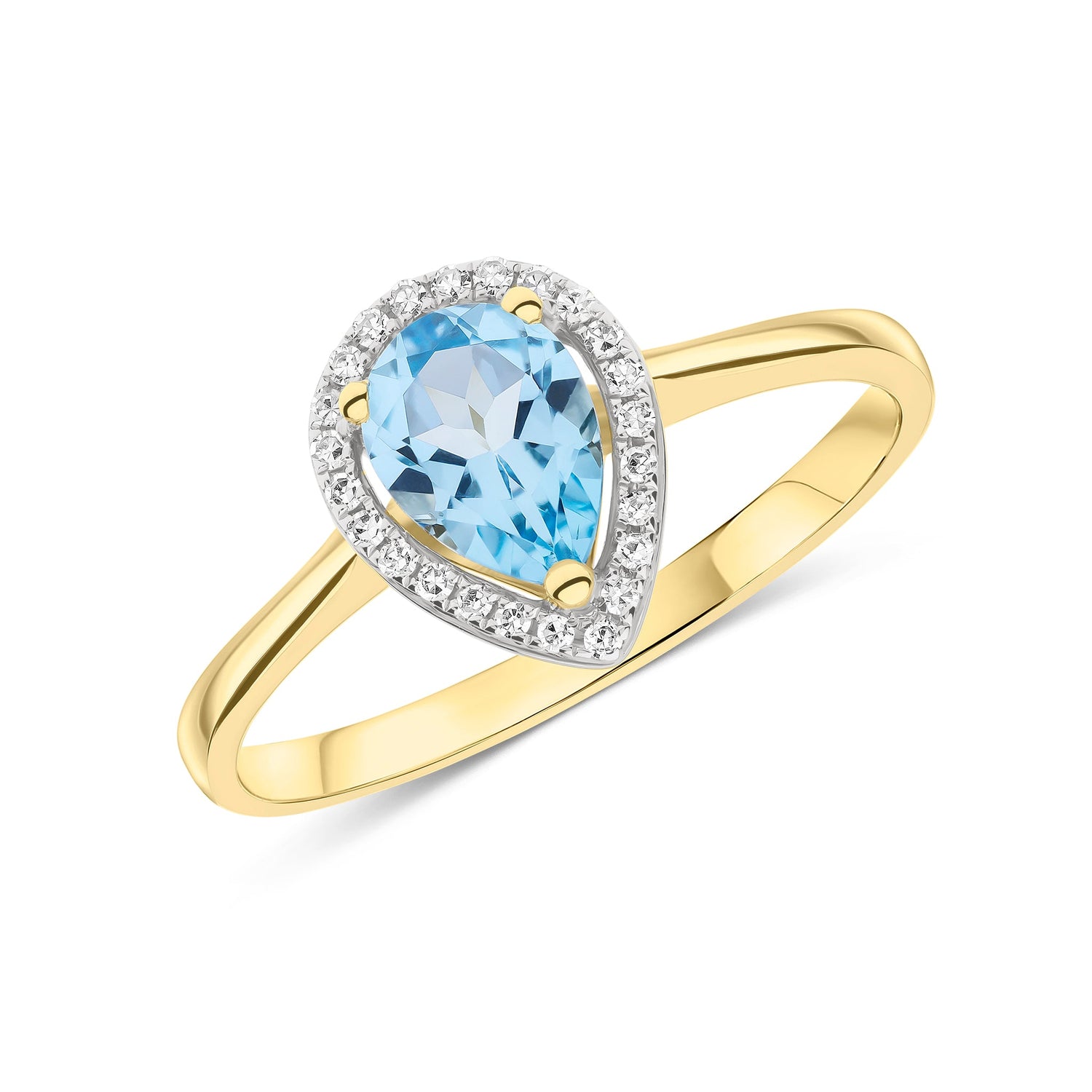 9ct Yellow Gold Pear Shape Swiss Blue Topaz & Round Diamond Halo Claw Set Cluster Ring — 7x5mm
