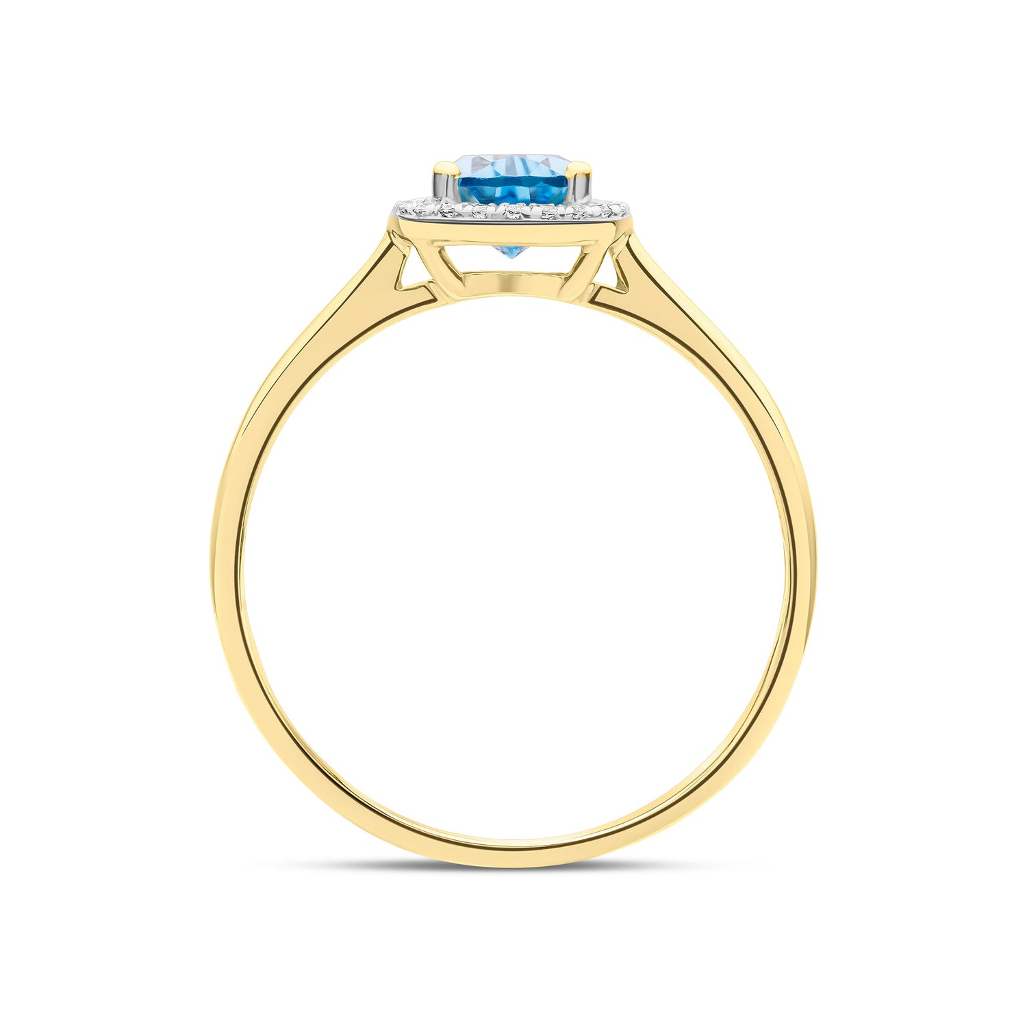 9ct Yellow Gold Pear Shape Swiss Blue Topaz & Round Diamond Halo Claw Set Cluster Ring — 7x5mm