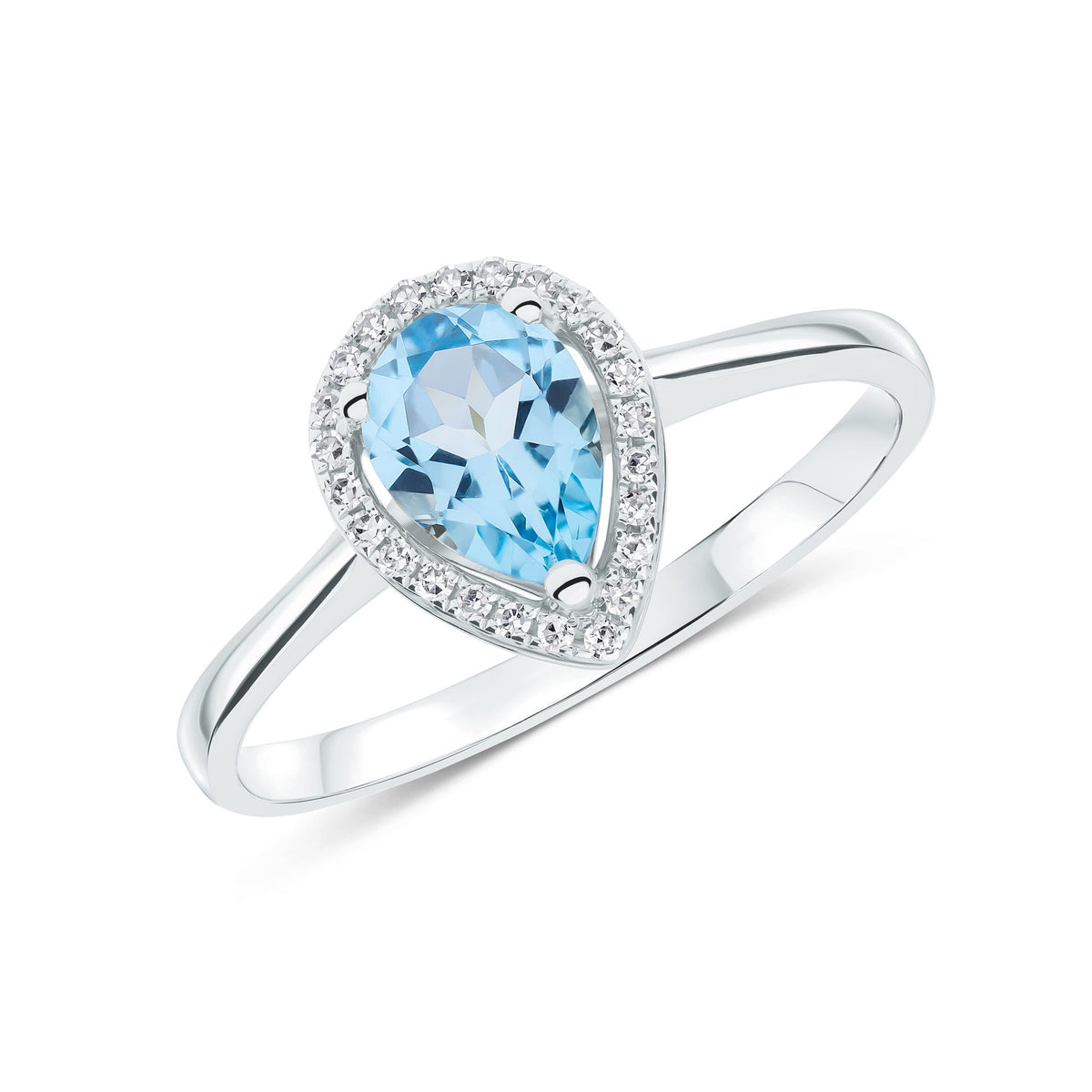 9ct White Gold Pear Shaped Natural Swiss Blue Topaz and Diamond Halo Cluster Ring — 7x5mm