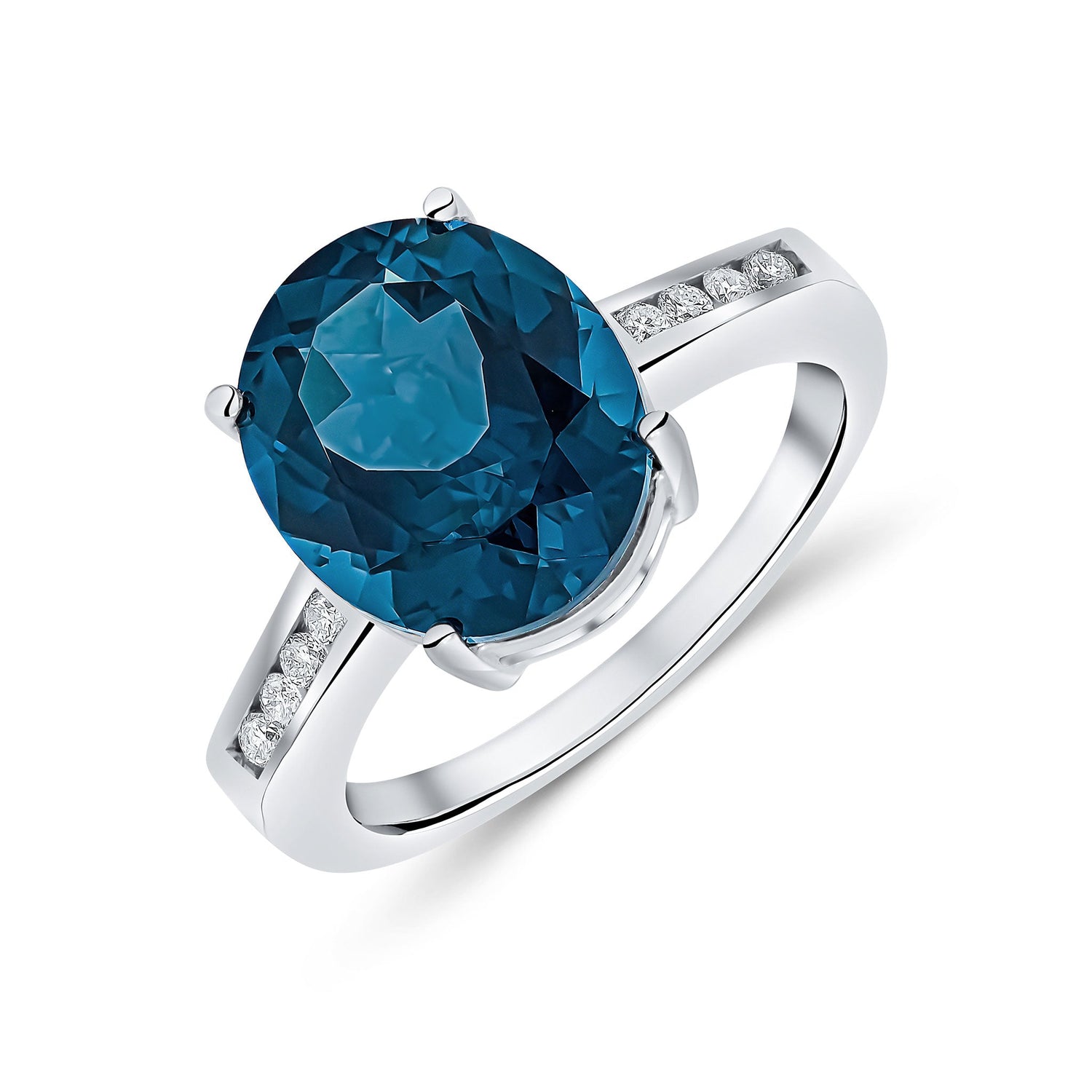 9ct White Gold Oval Natural London Blue Topaz and Diamond Ring — 12x10mm