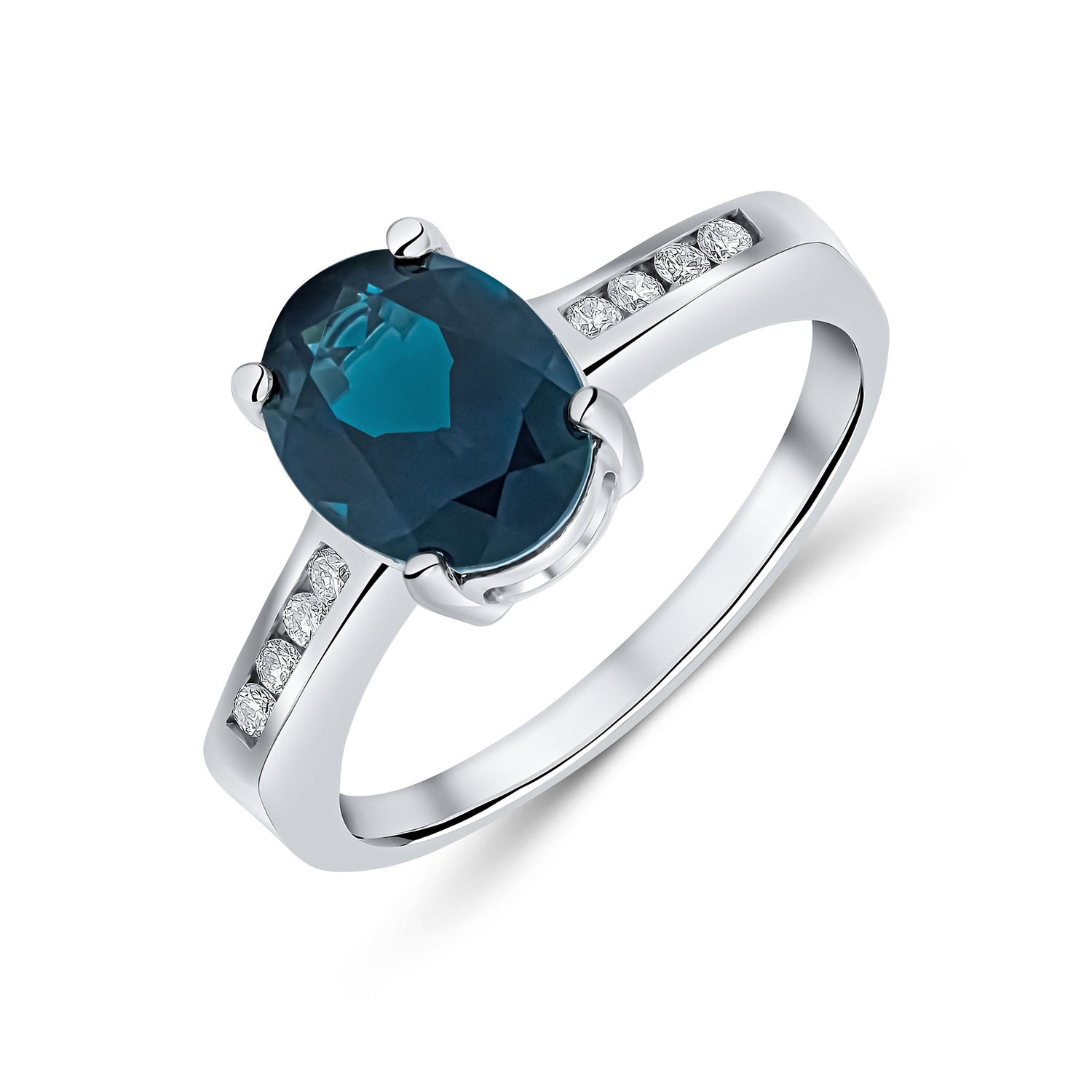 9ct White Gold Oval Natural London Blue Topaz and Diamond Ring — 9x7mm