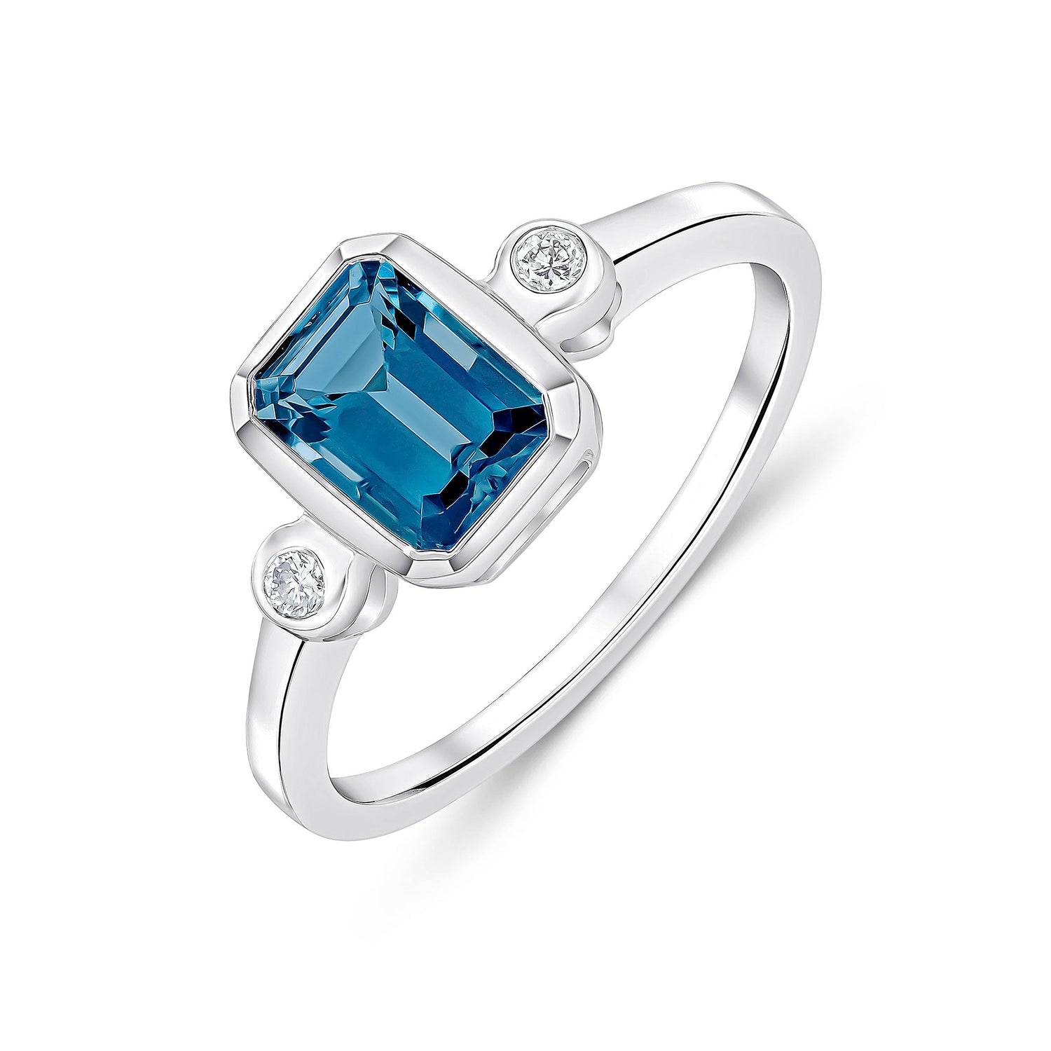 9ct White Gold Octagonal Emerald Cut Natural London Blue Topaz and Diamond Three Stone Ring