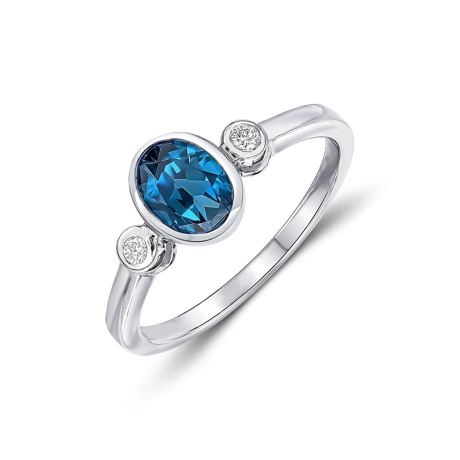 9ct White Gold Oval London Blue Topaz & Round Diamond Rubover Three Stone Ring — 7x5mm