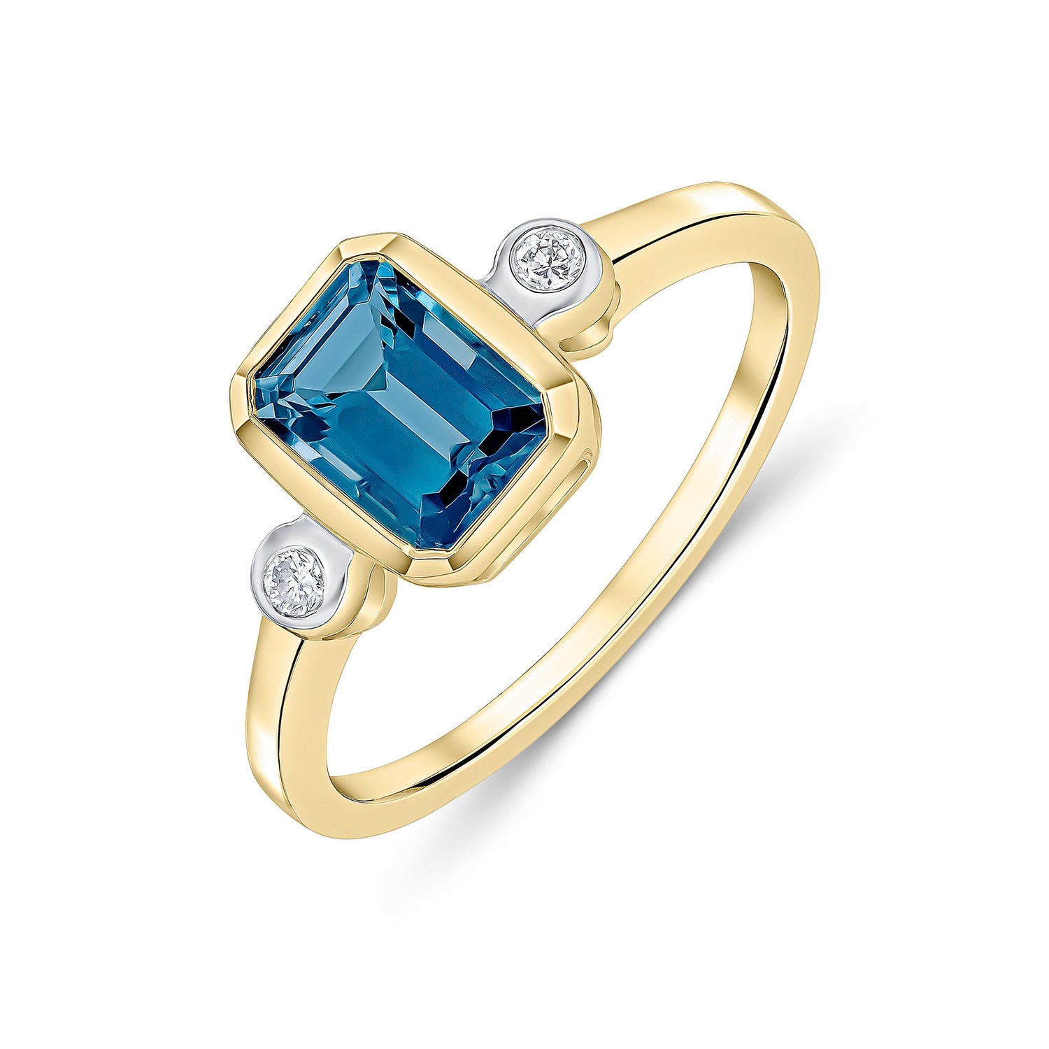 9ct Yellow Gold Octagonal Emerald Cut Natural London Blue Topaz and Diamond Three Stone Ring