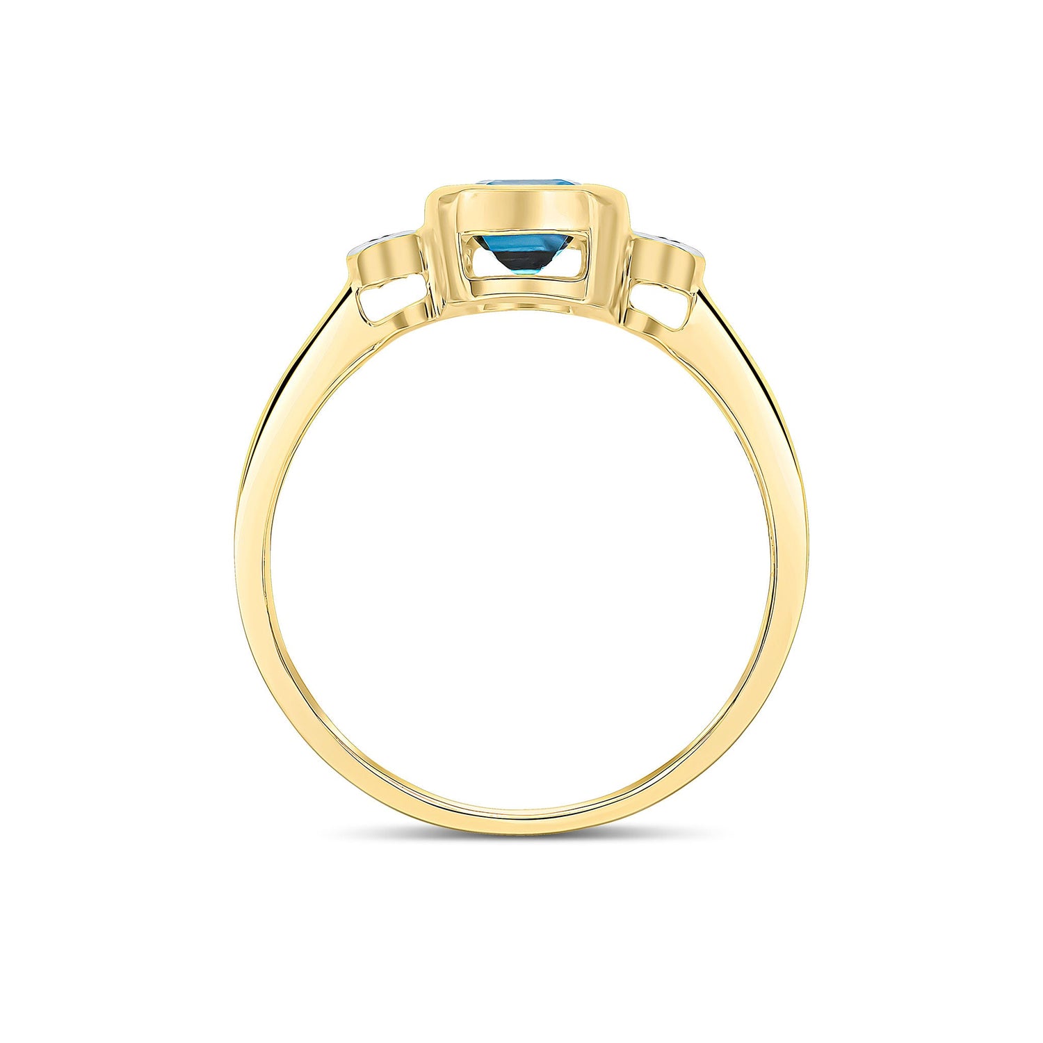 9ct Yellow Gold Octagonal Emerald Cut Natural London Blue Topaz and Diamond Three Stone Ring