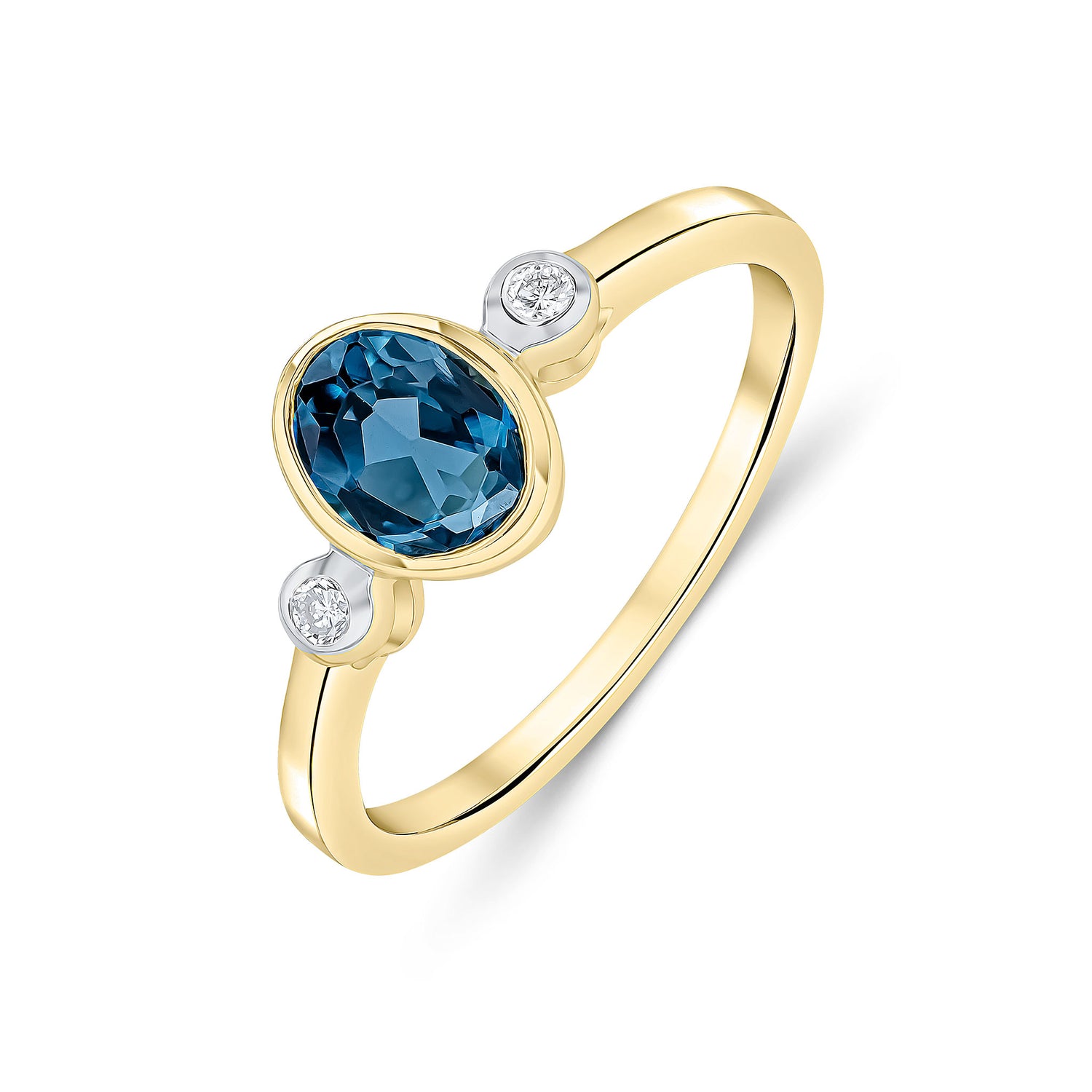 9ct Yellow Gold Oval Natural London Blue Topaz and Round Diamond Rubover Three Stone Ring — 7x5mm