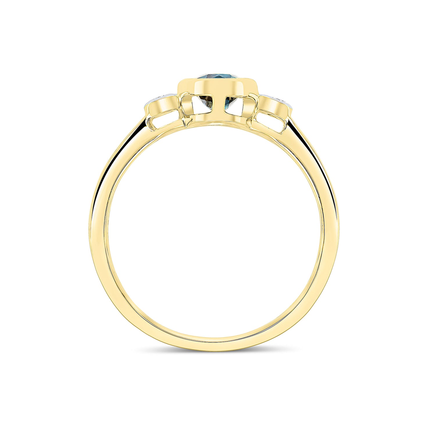 9ct Yellow Gold Oval Natural London Blue Topaz and Round Diamond Rubover Three Stone Ring — 7x5mm
