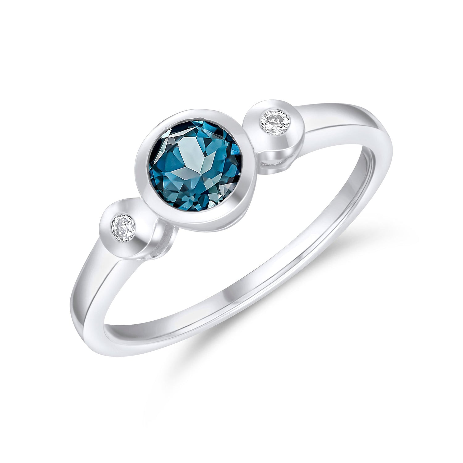 9ct White Gold Round London Blue Topaz & Diamond Rubover Three Stone Ring — 5mm
