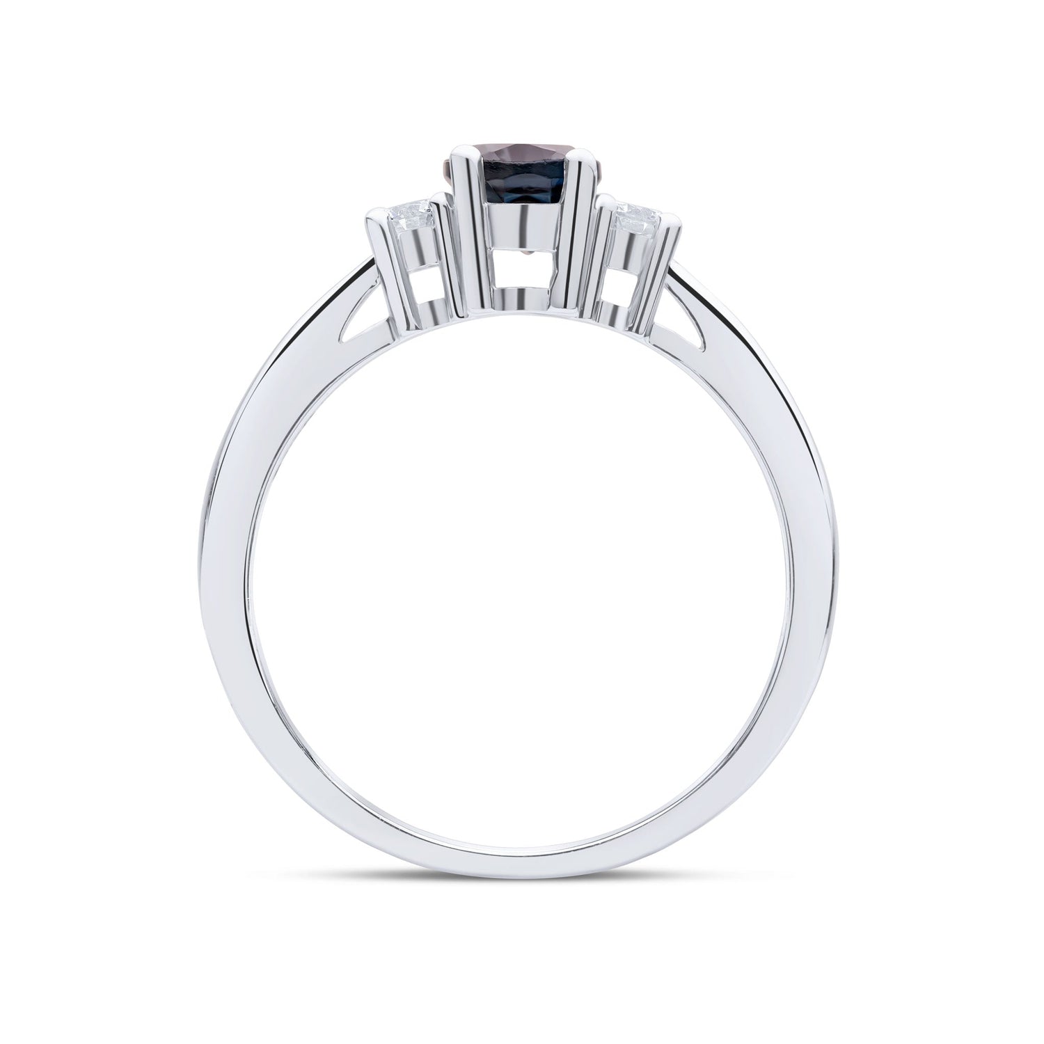 9ct White Gold Oval Natural London Blue Topaz and Round Diamond Claw Set Three Stone Ring — 7x5mm