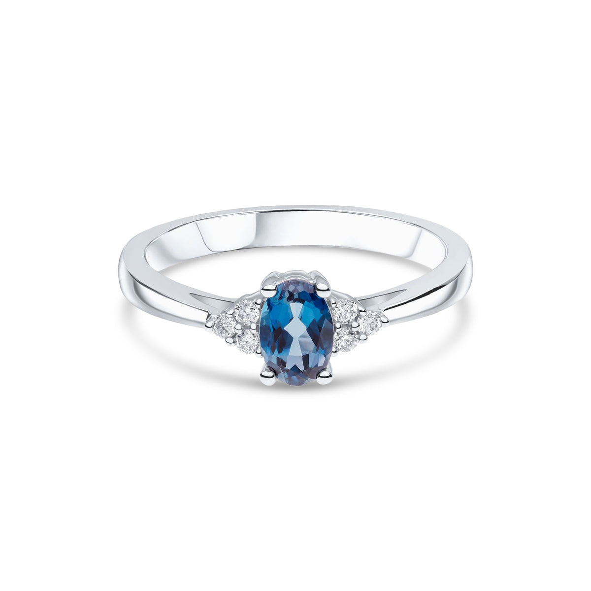 9ct White Gold Oval Natural London Blue Topaz and Diamond Trefoil Ring — 6x4mm
