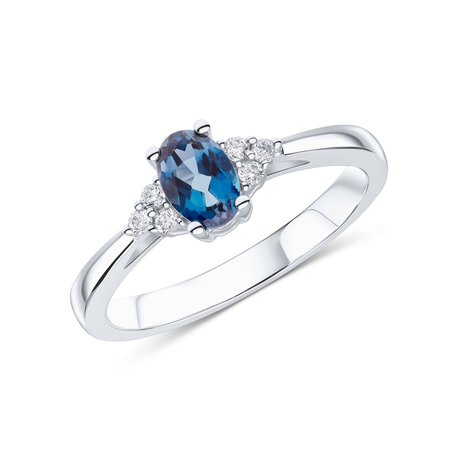 9ct White Gold Oval Natural London Blue Topaz and Diamond Trefoil Ring — 6x4mm