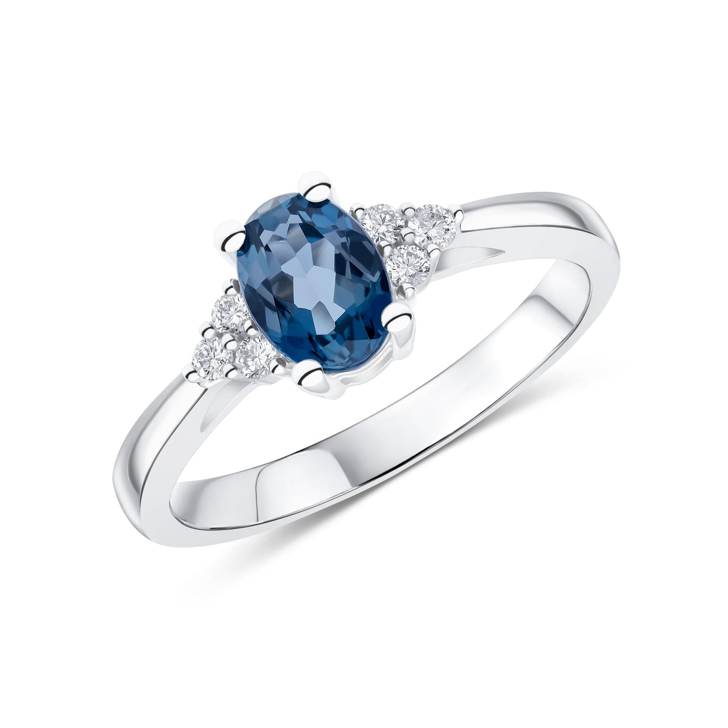 9ct White Gold Oval Natural London Blue Topaz and Diamond Trefoil Ring — 7x5mm