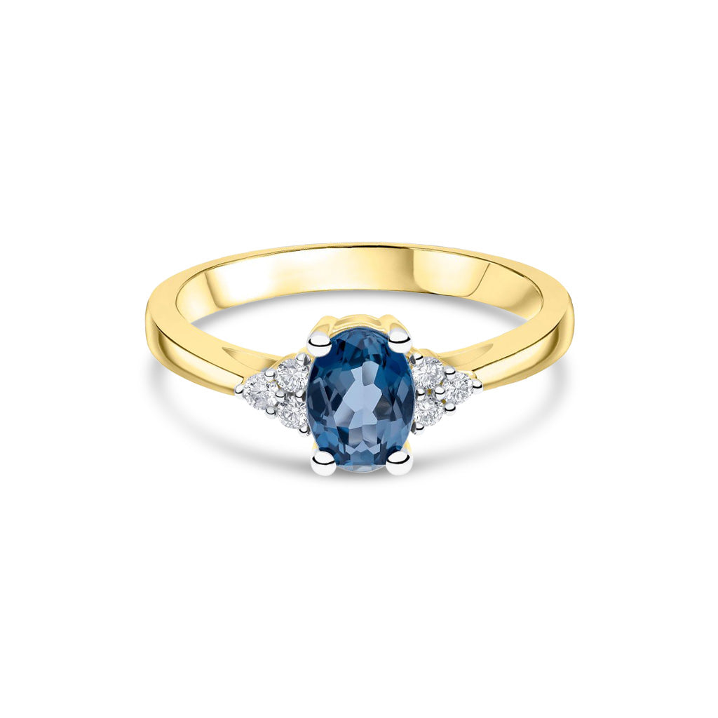 9ct Yellow and White Gold Oval Natural London Blue Topaz and Diamond Trefoil Shoulder Ring — 7x5mm