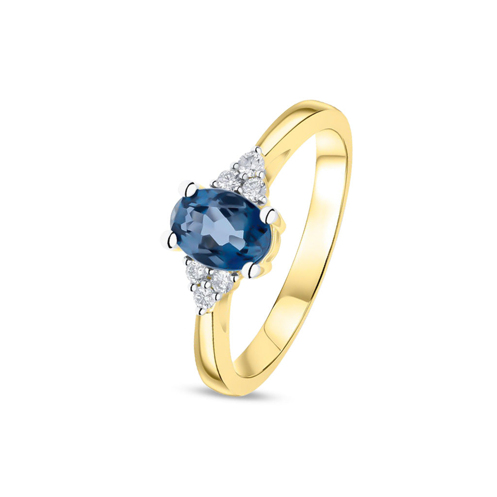 9ct Yellow and White Gold Oval Natural London Blue Topaz and Diamond Trefoil Shoulder Ring — 7x5mm